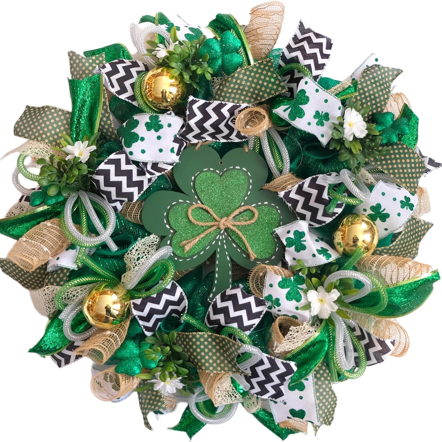 TEMPUS 22 Inch St Patrick's Day Shamrock Mesh Wreath Irish Festival Gold Glitter Ball Wreath with Shamrock Wooden Sign for Home Wall, Porch, Indoor and Outdoor Decorations