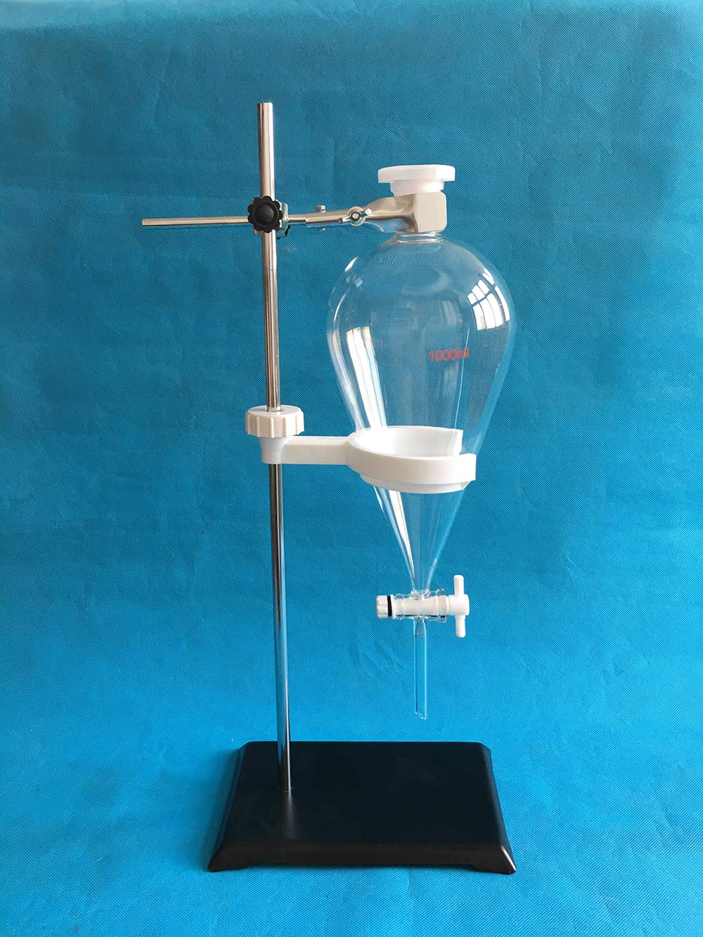 EBT2 - Set di imbuto separatorio in vetro, 1000 ml, rubinetto in PTFE con supporto in acciaio, morsetto e supporto in PP