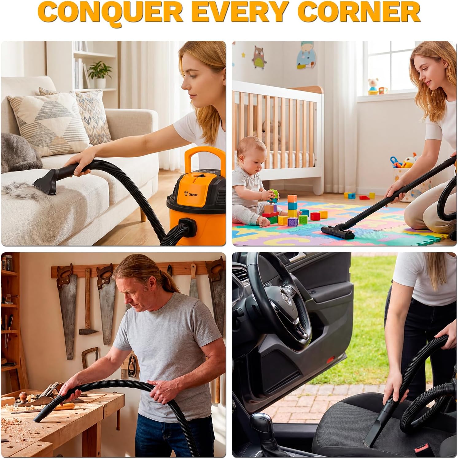 DEKOPRO Shop Vacuum Wet and Dry:4-Gallon 3 Peak HP Portable Shop vac, car Vacuum with 1-1/4 Inch 4Ft Hose, 6 Ft Cord,Wet Dry Vacuum Cleaner for Homes, Pets, and Cars