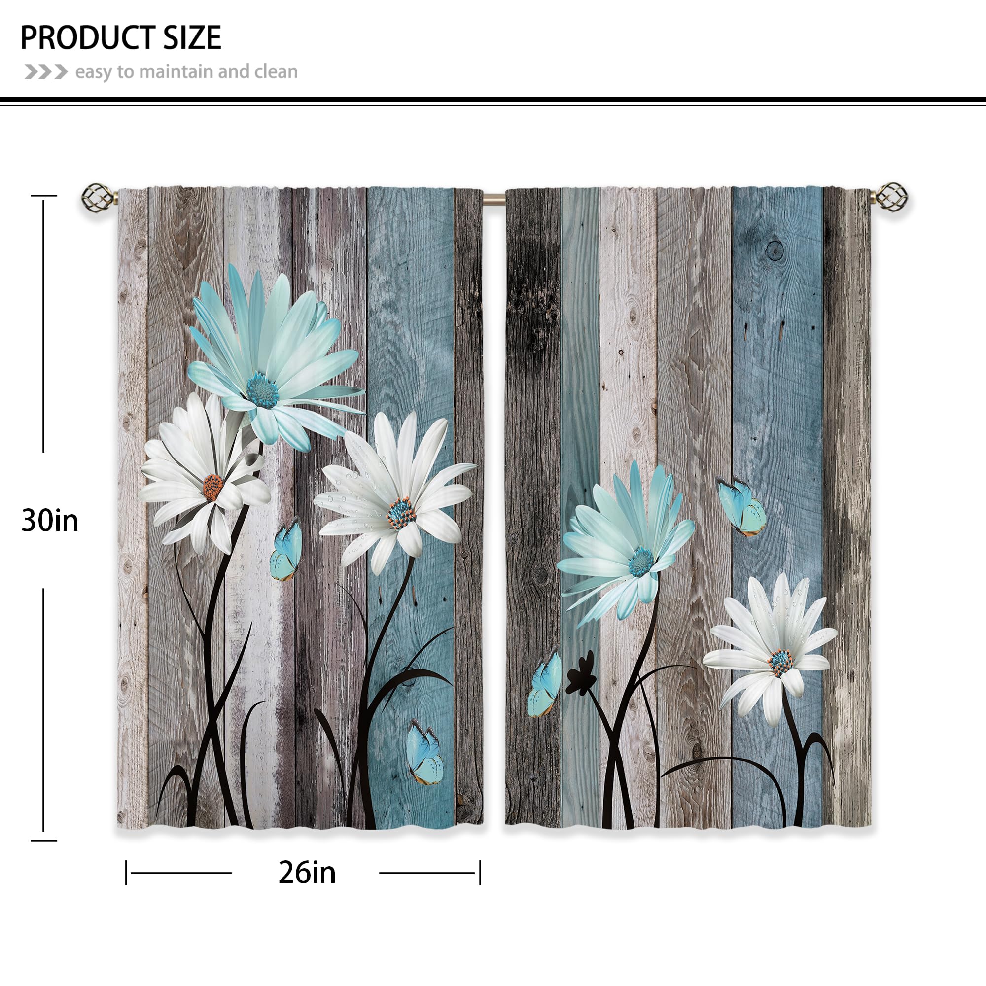 Farmhouse Sunflower Kitchen Curtains Set Of 2 - Teal Wooden Flower Rustic Short Window Curtains 27.5x39 Inches - View #9