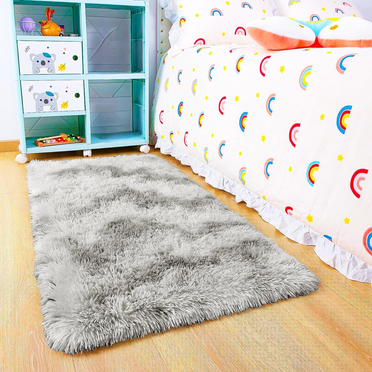 BedLooms Rugs Living Room 60x110 cm – Tie-Dye Light Grey Area Rugs for Bedroom Anti Slip – Modern Super Soft Plush Carpets Fluffy Shaggy Rug for Lounge – Non Shedding Bedside Rug for Kids Room