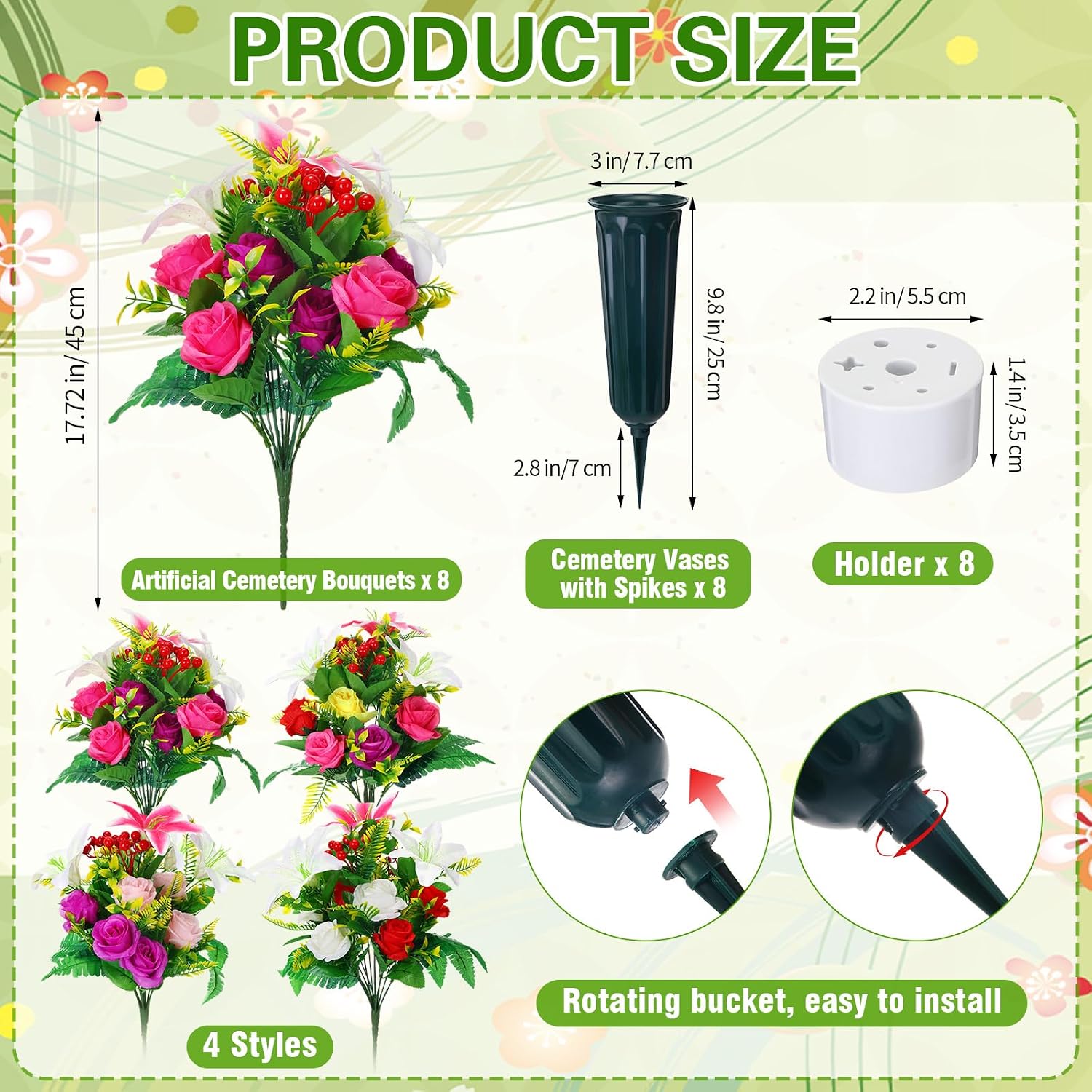 8 Sets Artificial Cemetery Flowers with Grave Vase Memorial Rose Lily Bouquet Artificial Silk Cemetery Flower Arrangement with Vase for Graveyard Gravestone Headstone Decor Outdoor