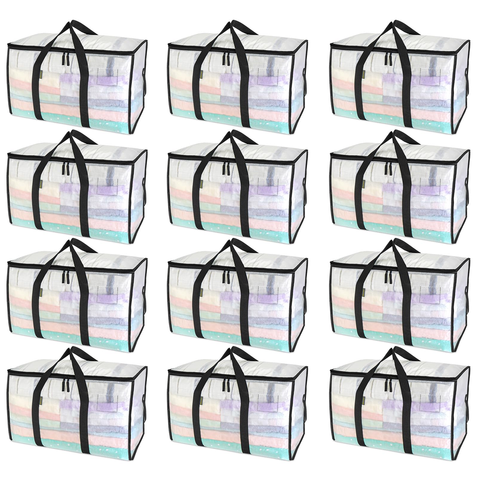 BALEINE 12-Pack Oversized Moving Bags with Reinforced Handles, Heavy-Duty Storage Tote for Clothes, Moving Supplies (Clear, 12-Pack)