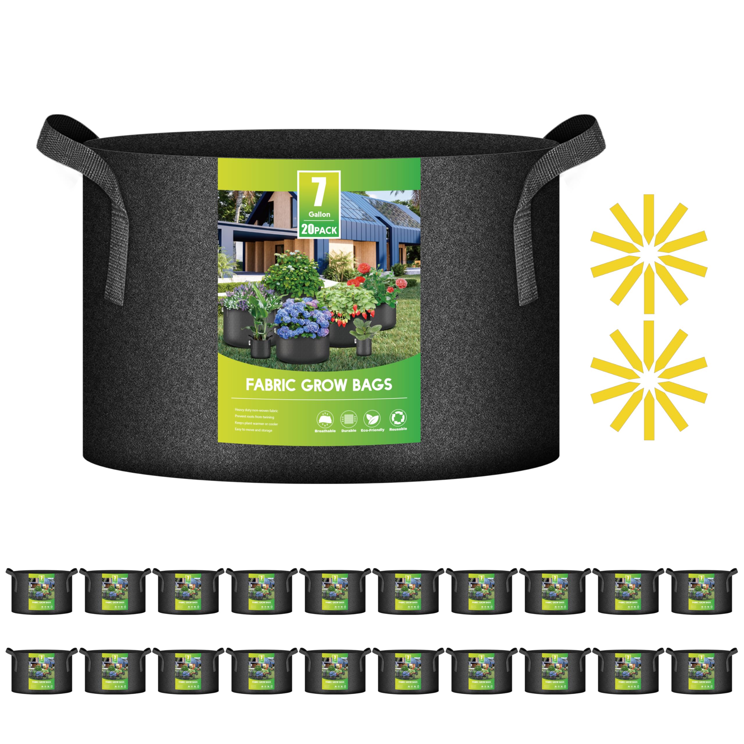iPower 20 Pack 7 Gallon Grow Bags, Garden Planting Nonwoven Fabric Pots with Reinforced Handle, Heavy Duty and Aeration Planter Pot for Tomato, Fruits, Vegetables and Flowers, 20 Labels Included