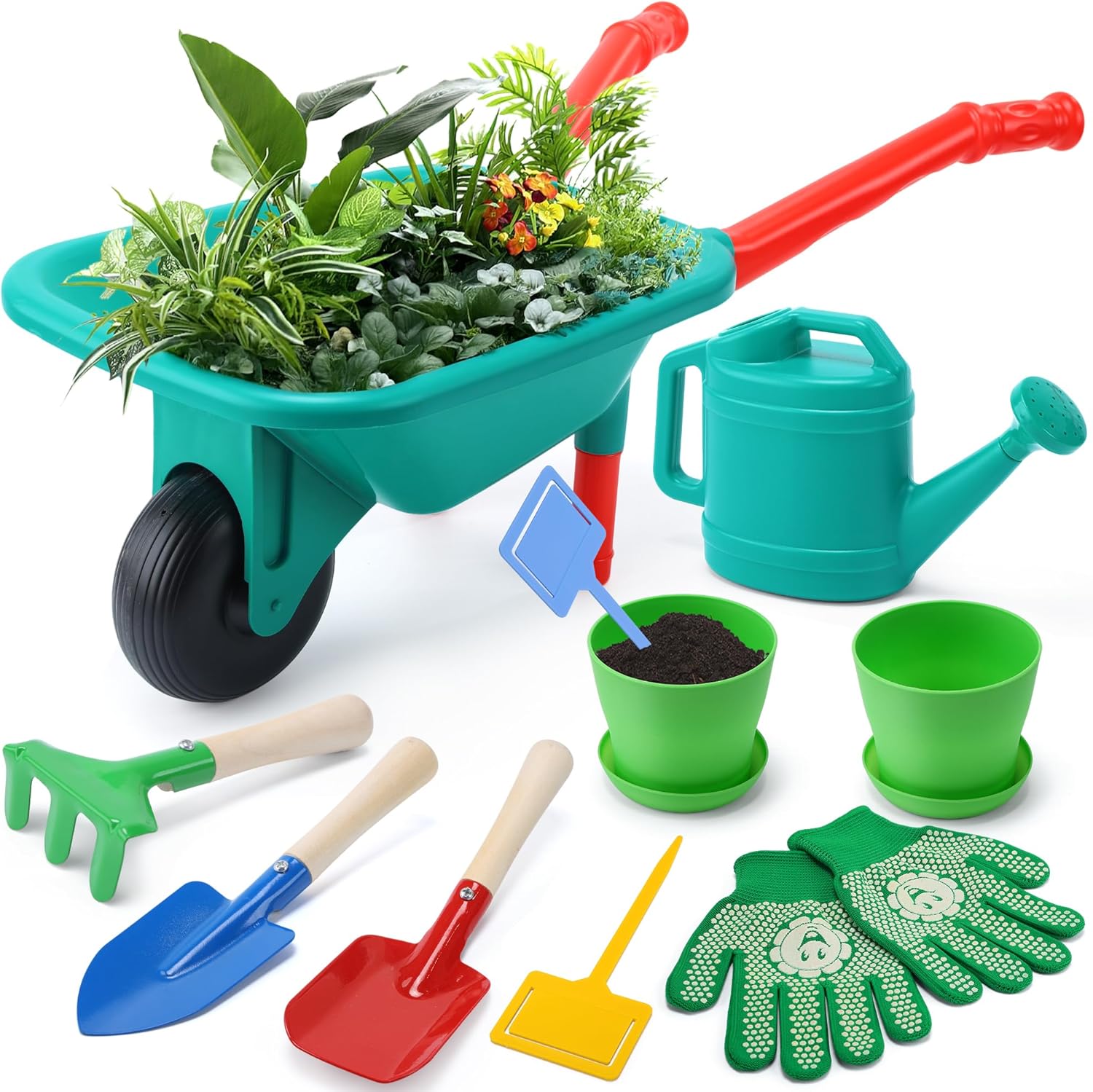 CUTE STONE Kids Gardening Set with Toy Wheelbarrow, Indoor & Outdoor Yard Play, Kids Garden Tools & Toddler Gardening Kit with Gloves, Pots & Watering Can, Educational Garden Toys for Boys & Girls