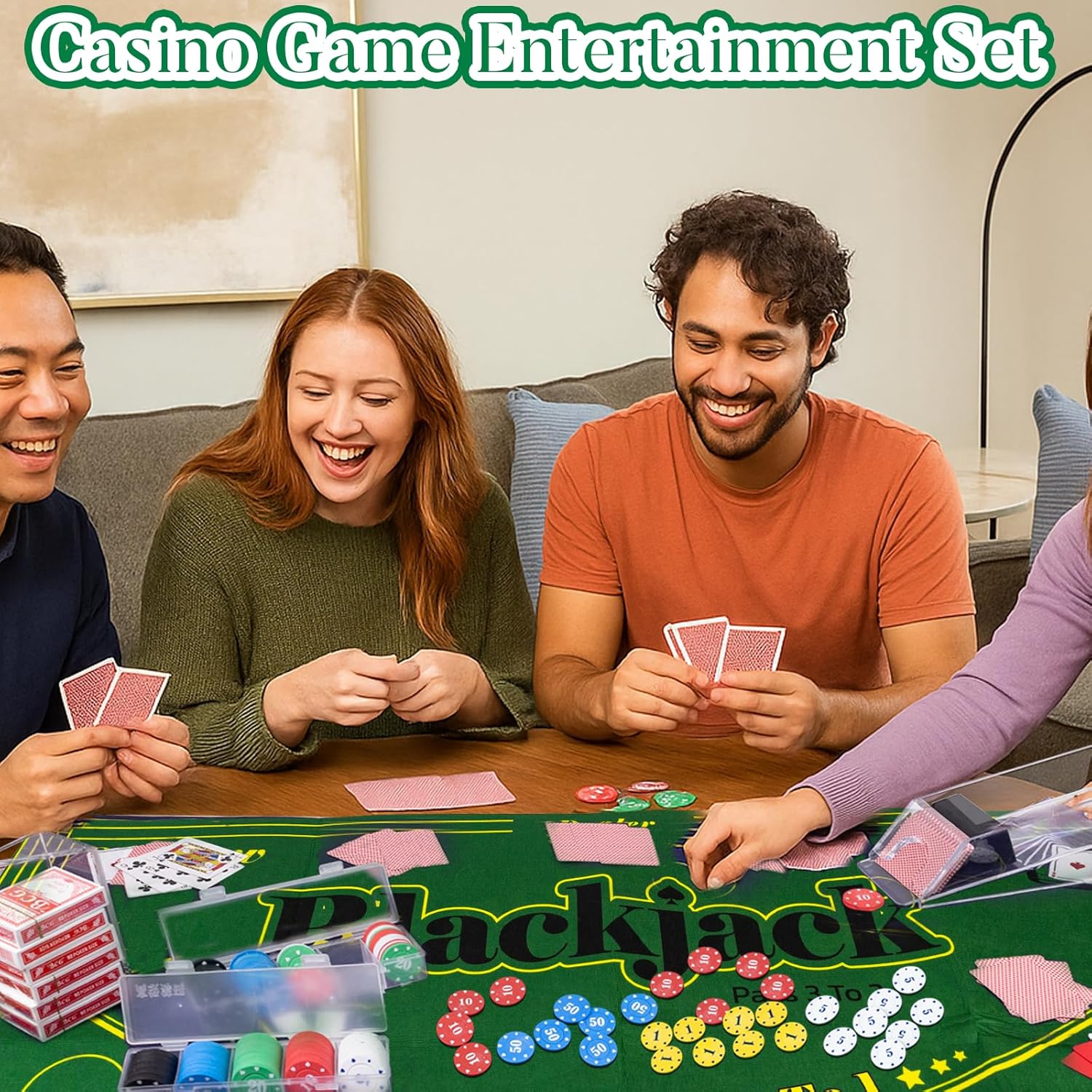 Entertainment Casino Game Set,Blackjack,Texas Hold'em,Poker Card Kit with Card Dealing Shoe,Discard Tray,200 Chips,6 Deck Card,Double-sided felt（Green）,10 Cut Cards,Poker Set,Blackjack Table Set