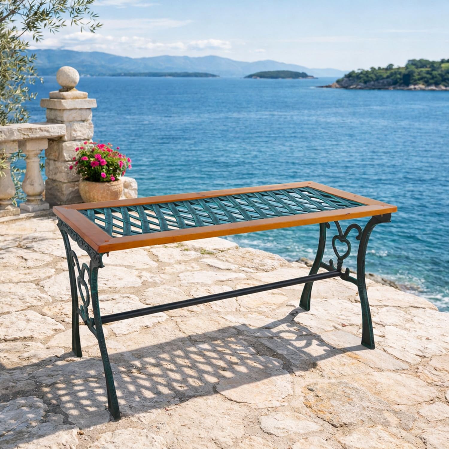 Mojawo Tisch Royal Gartentisch Gusseisen Outdoortisch Outdoormöbel Metalltisch Holz gehärteter Glasplatte Natur L98xB46xH56cm