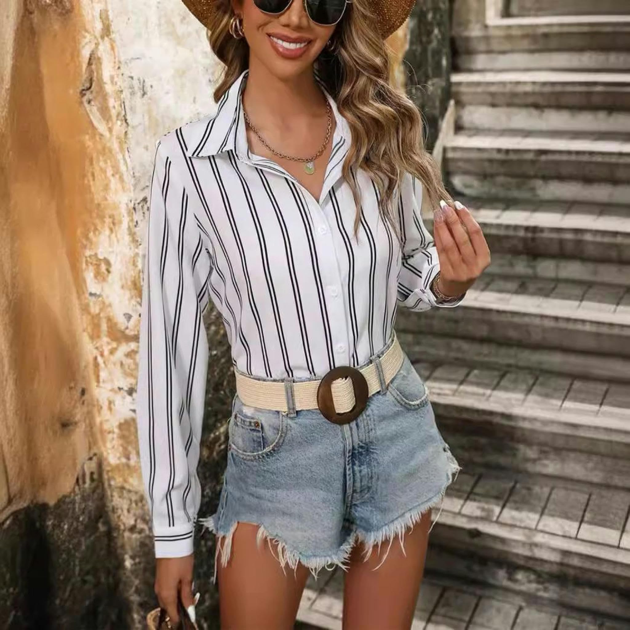 Nuova Camicia da Donna a Maniche Lunghe a Righe alla Moda in Stile pendolare