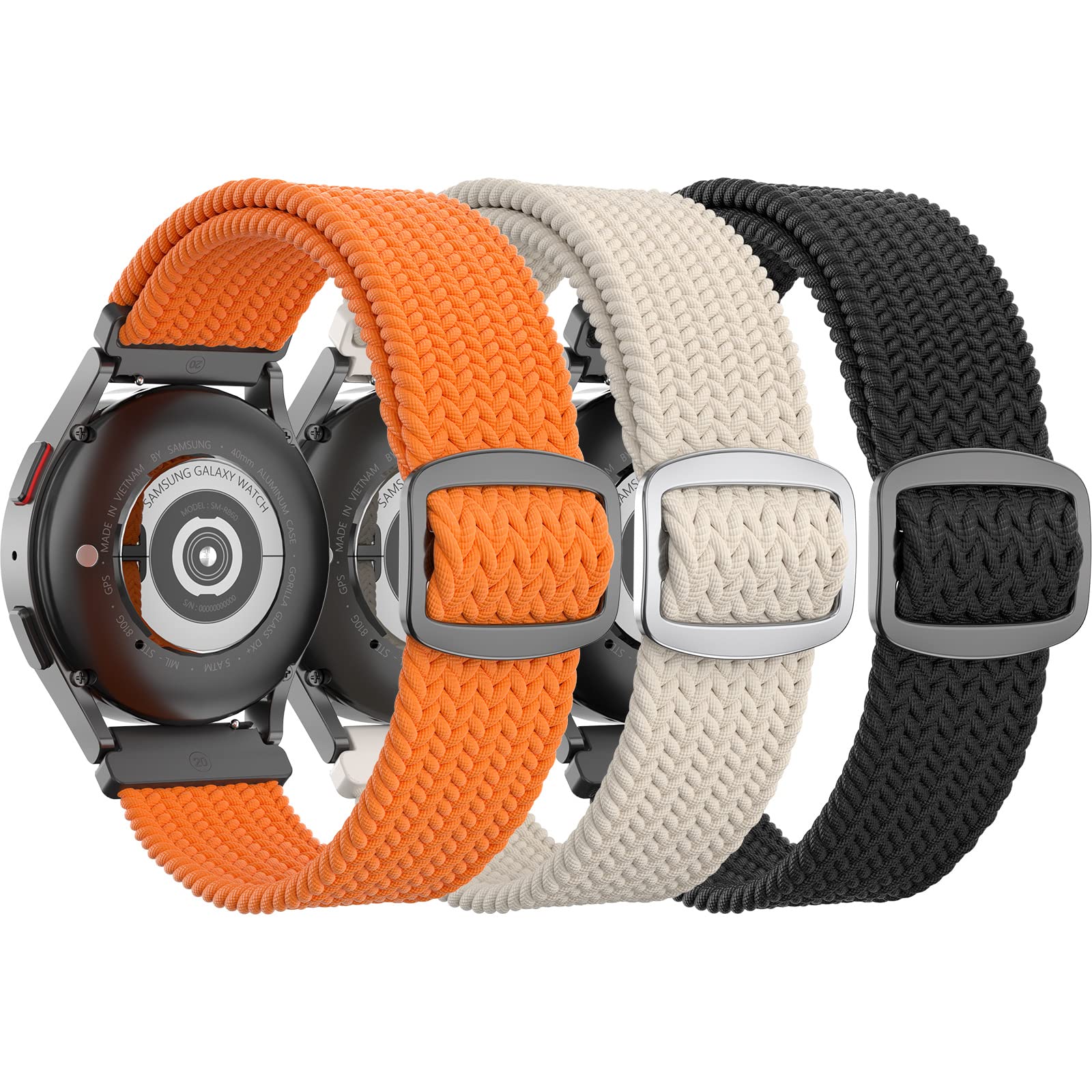 BeautyFurlife 3 Pack 20mm Stretchy Braided Watch Band Compatible with Galaxy Watch 6/5/ 4 40mm 44mm/ 5 Pro 45mm/ Galaxy Watch 4/6 Classic 42mm 43mm 46mm 47mm/ Active 2 44mm 40mm for Women & Men