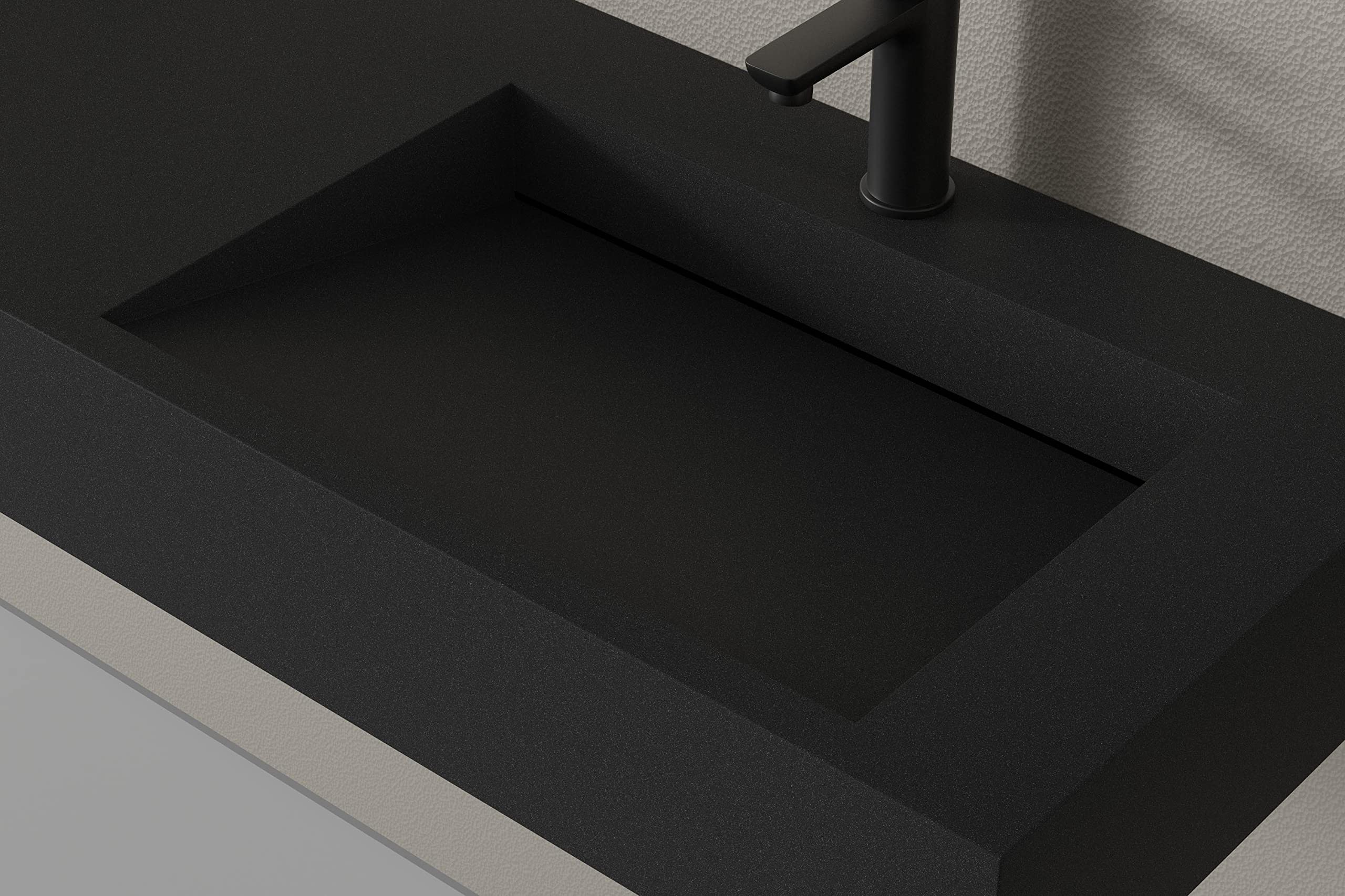 BERNSTEIN - Double Vasque Lavabo Rectangulaire à poser/suspendre Quartz Noir 153x45x15cm fonte minérale Lave main mural + Console métallique sur pieds - Design, Robuste & Durable - TWG16