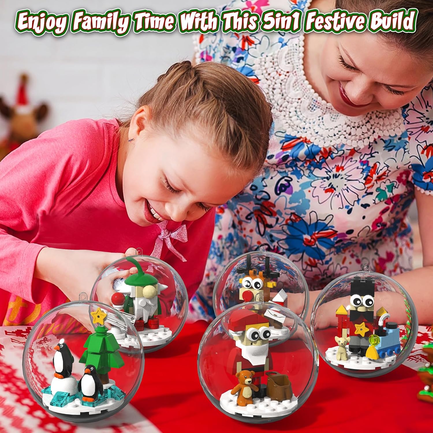 aphpaio Christmas Tree Ornaments Building Blocks Christmas, 2025 Christmas Decorations Ball Toys Included Santa Reindeer Nutcracker Gnome Penguin, Xmas Ornaments for Indoor Outdoor 5packs