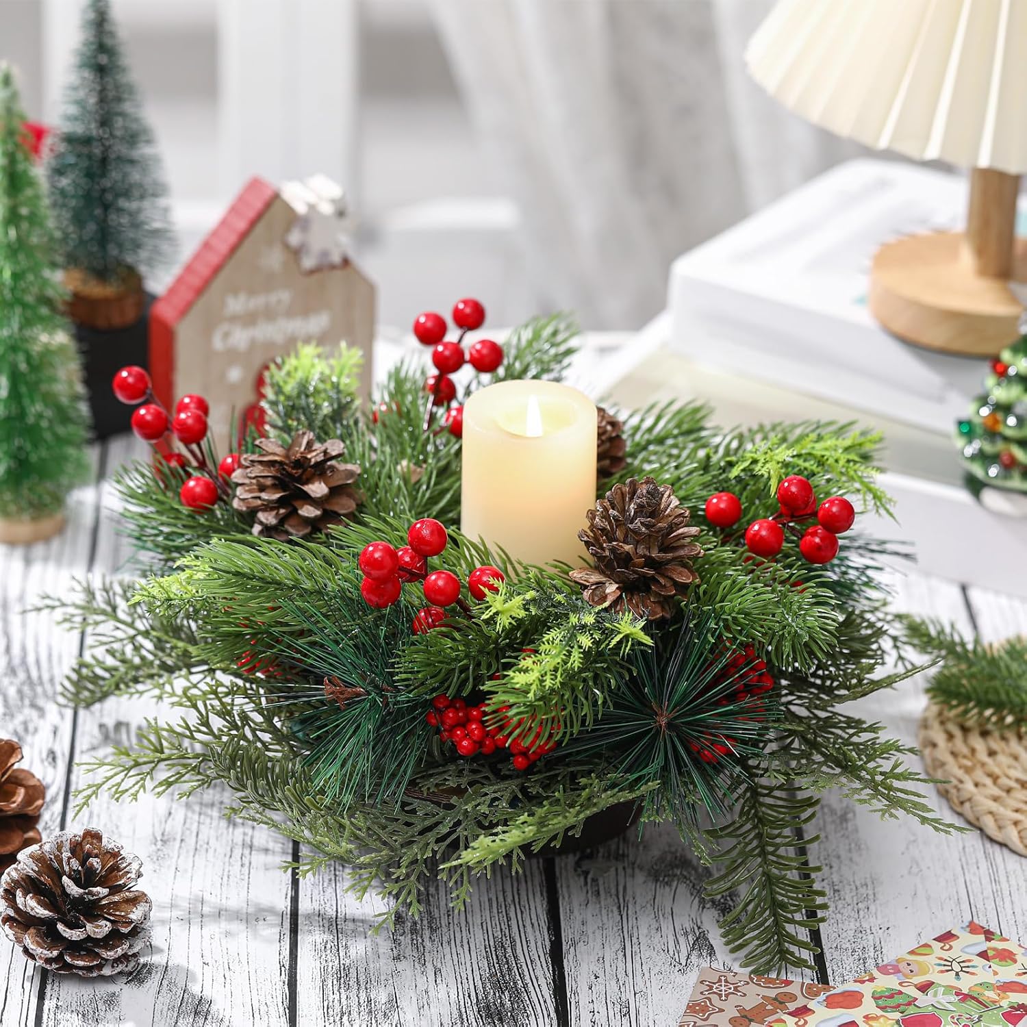 Mumufy Christmas Centerpiece Candle Holder 12 Inch Artificial Mini Tabletop Decoration Candle Holder with Pine Cones Artificial Pine Branches Red Berry 1 Candle Holders for Festival Home Decoration