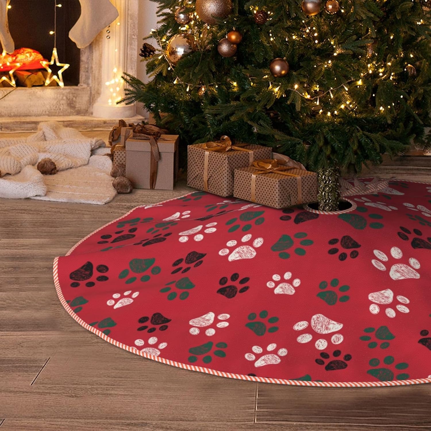 Xmas Dog Paws Christmas Tree Skirt, 48 Inch Xmas Tree Skirts Mat Ornaments for Happy New Year Merry Christmas Xmas Holiday Party Decorations Indoor Outdoor Home Decor