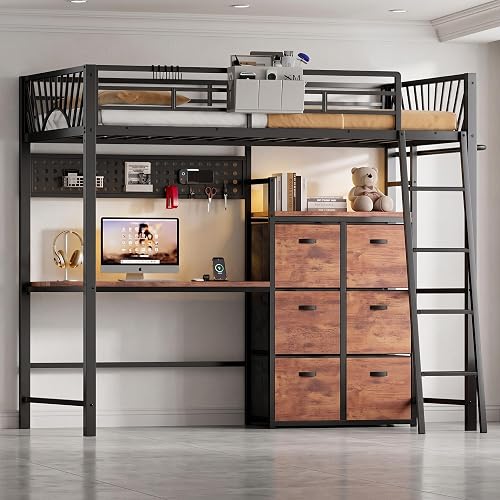 Decofy Twin Loft Bed with Desk and 6 Storage Drawers, Metal Loft Bed Twin Size with Charging Station & LED Lights, Bed Frame with Hanging Rod, Safety Ladder & Guardrail, Bedside Caddy for Kids, Teens