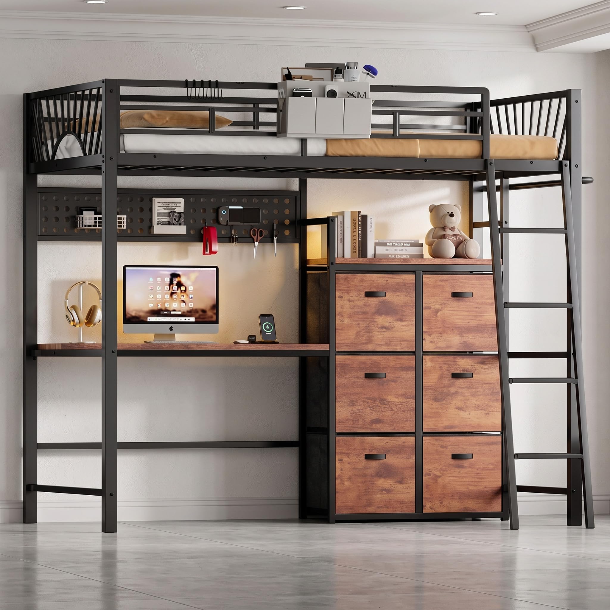 Photo 1 of Decofy Twin Loft Bed with Desk and 6 Storage Drawers, Metal Loft Bed Twin Size with Charging Station & LED Lights, Bed Frame with Hanging Rod, Safety Ladder & Guardrail, Bedside Caddy for Kids, Teens