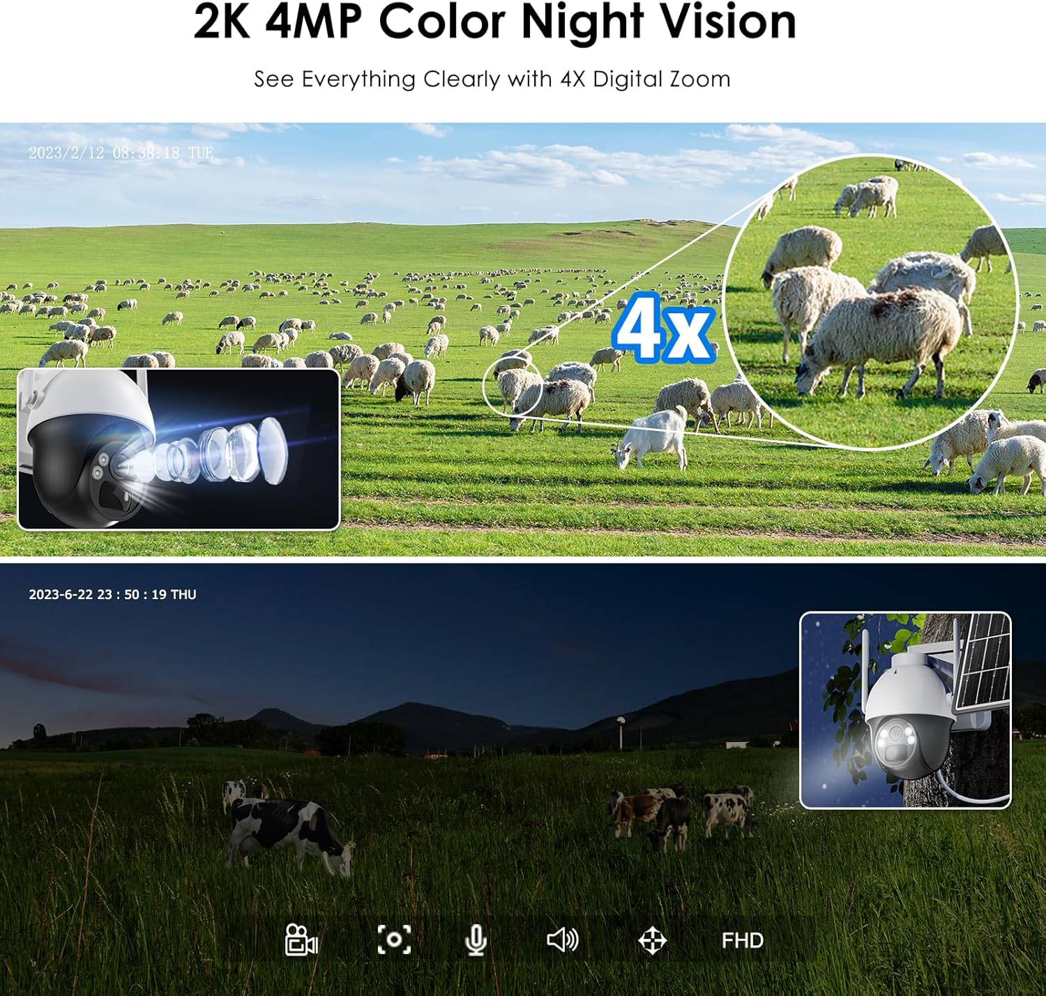 DIHOOM 4G LTE Solar PTZ Security Camera demonstrating 2K 4MP color night vision and 4X digital zoom.