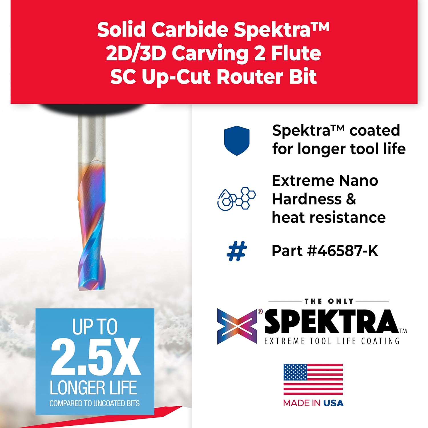 Amana Tool 46587-K CNC Spektra Extreme Tool Life Coated Spiral 2D/3D Carving 0.10 Deg Straight Angle Flat Bottom x 1/4 D x 3/4 CH x 1/4 SHK x 2 Inch Long x 2 Flute SC Up-Cut Router Bit