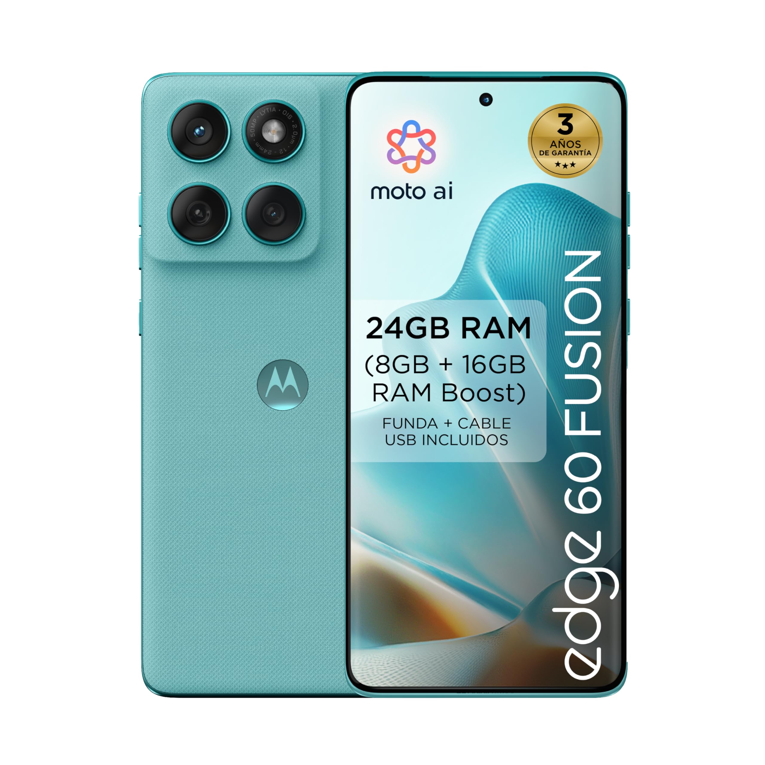Edge 60 Fusion 24GB (8GB+16GB RAM Boost)/256GB Amazonite, España. Diseño de cuádruple Curva. Cámara Sony LYTIA™ de 50 MP. Pantalla Brillante con resolución Super HD (1220p) y 4500 nits. 5100 mAh