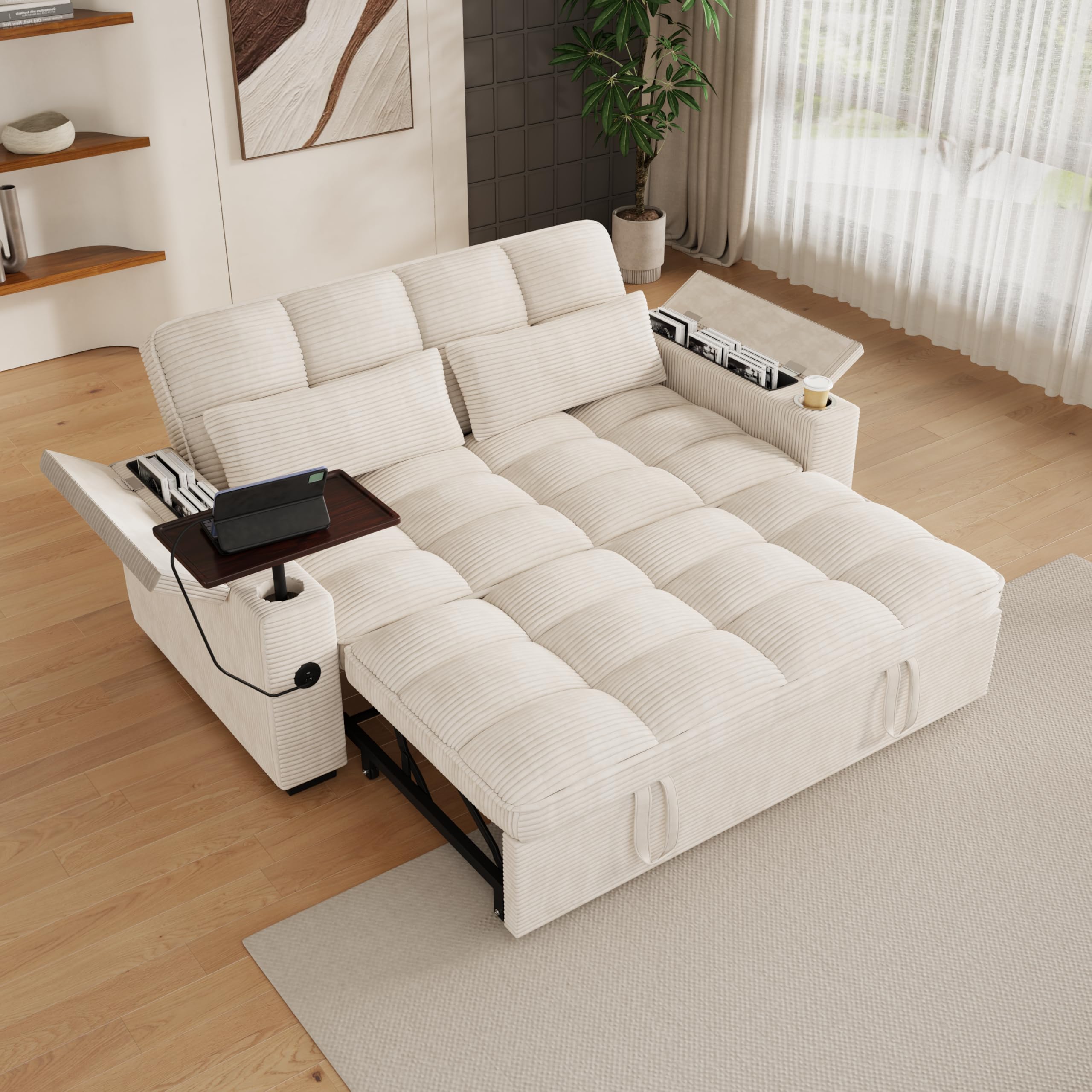 Photo 1 of KEIKI 65" 3-in-1 Convertible Sleeper Sofa with 360° Swivel Table, Modern Corduroy Loveseat for Bedroom, Basement, Rental Unit, USB Ports, Cup Holders, Hidden Storage