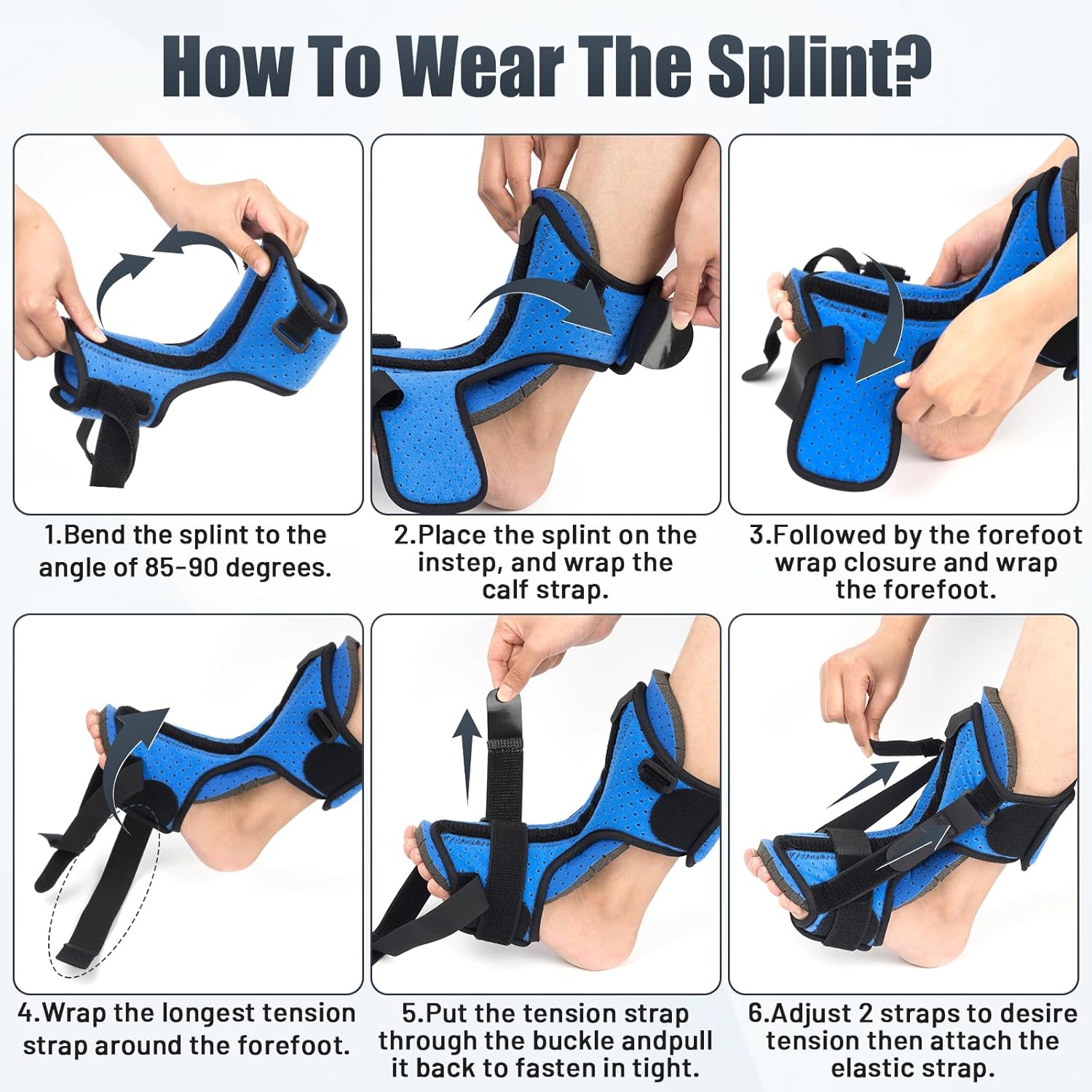 Plantar Fasciitis Night Splint with Massage Ball, Adjustable Brace Dorsal Night Splint for Achilles Tendonitis Foot Drop Relief Arch Pain, Comfortable with 4 Straps for Secure Fit Black-Blue - Image 6