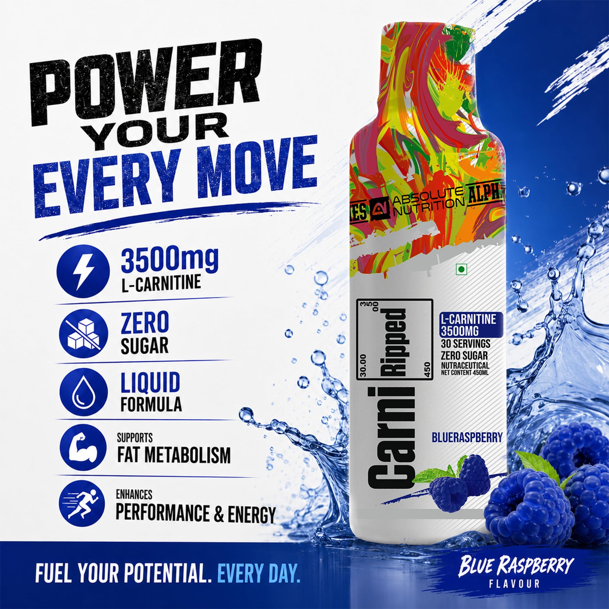 Absolute Nutrition Alpha Carni Ripped Liquid L-Carnitine 3500mg Blue Raspberry 450ml Health & Personal Care