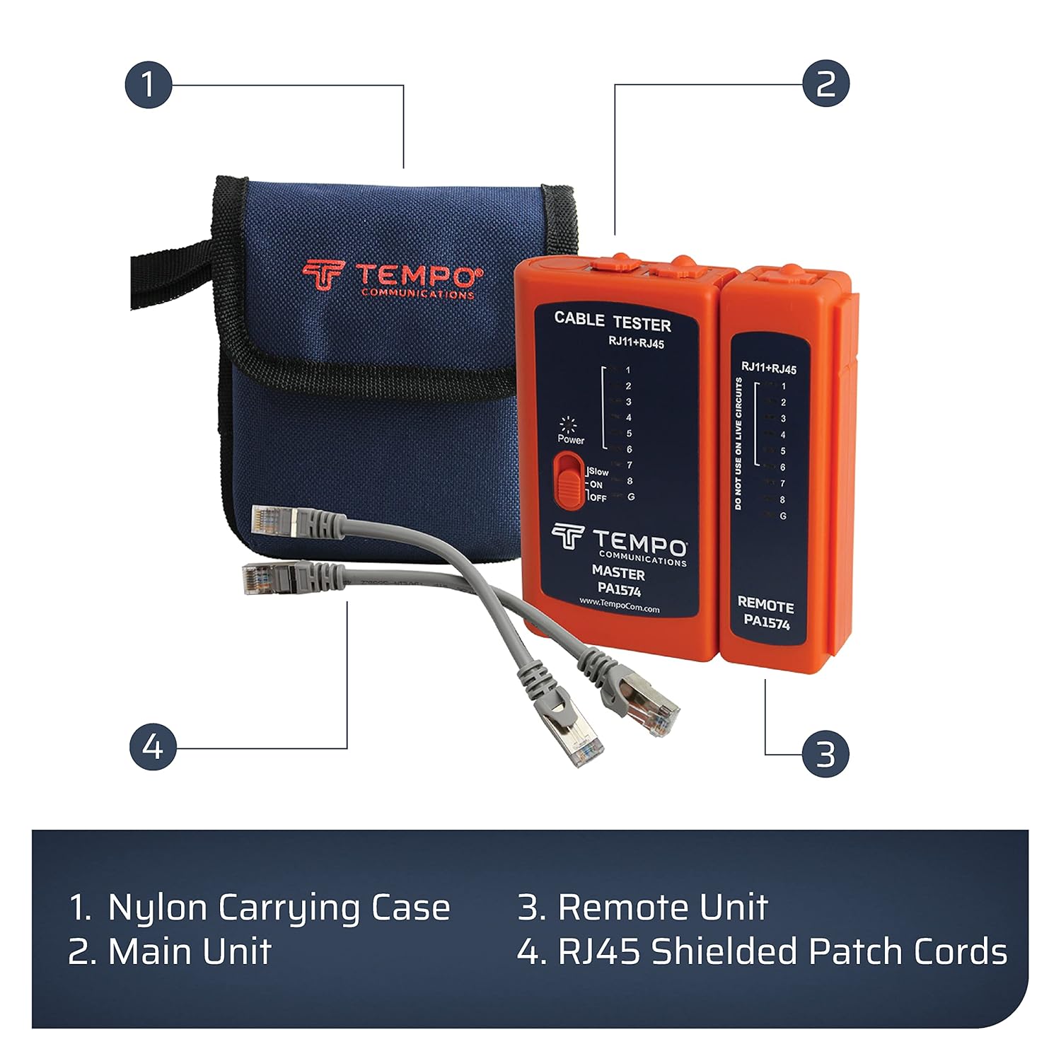 A person connecting an RJ11/RJ12 cable to the TEMPO PA1574 cable tester.