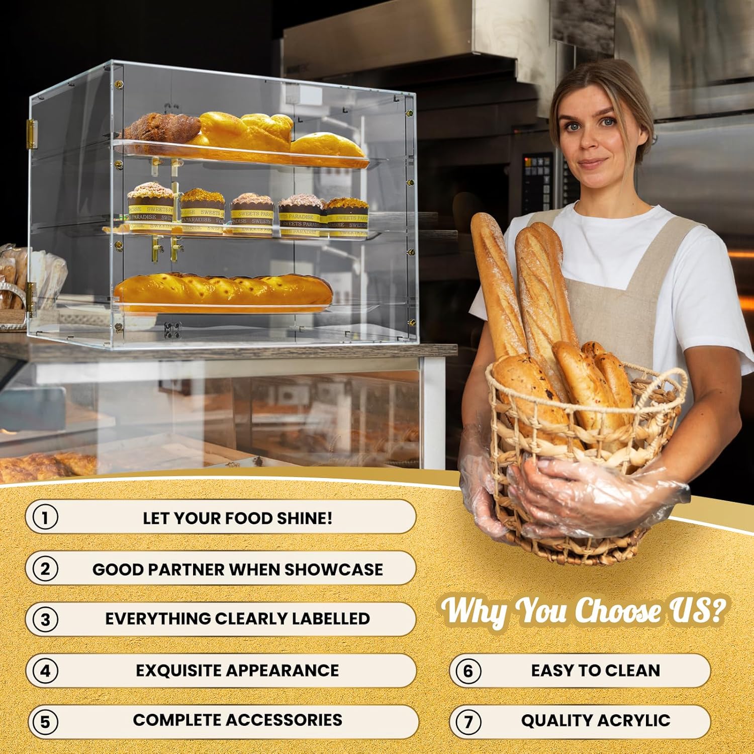 3 Tray Bakery Display Case for Commercial Countertop, 21" x 16" x 14" Acrylic Pastry Display Case with Magnetic Rear Doors & Removable Trays for Desserts Bread Donut Bagels