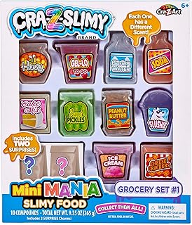 CRA-Z-Slimy Mini Mania Grocery Set – 10 Fun Food-Scented Slime Containers with 2 Surprise Toys – Swirl, Stretch, Smell – DIY Sensory Slime Play for Kids – Great Gift Idea