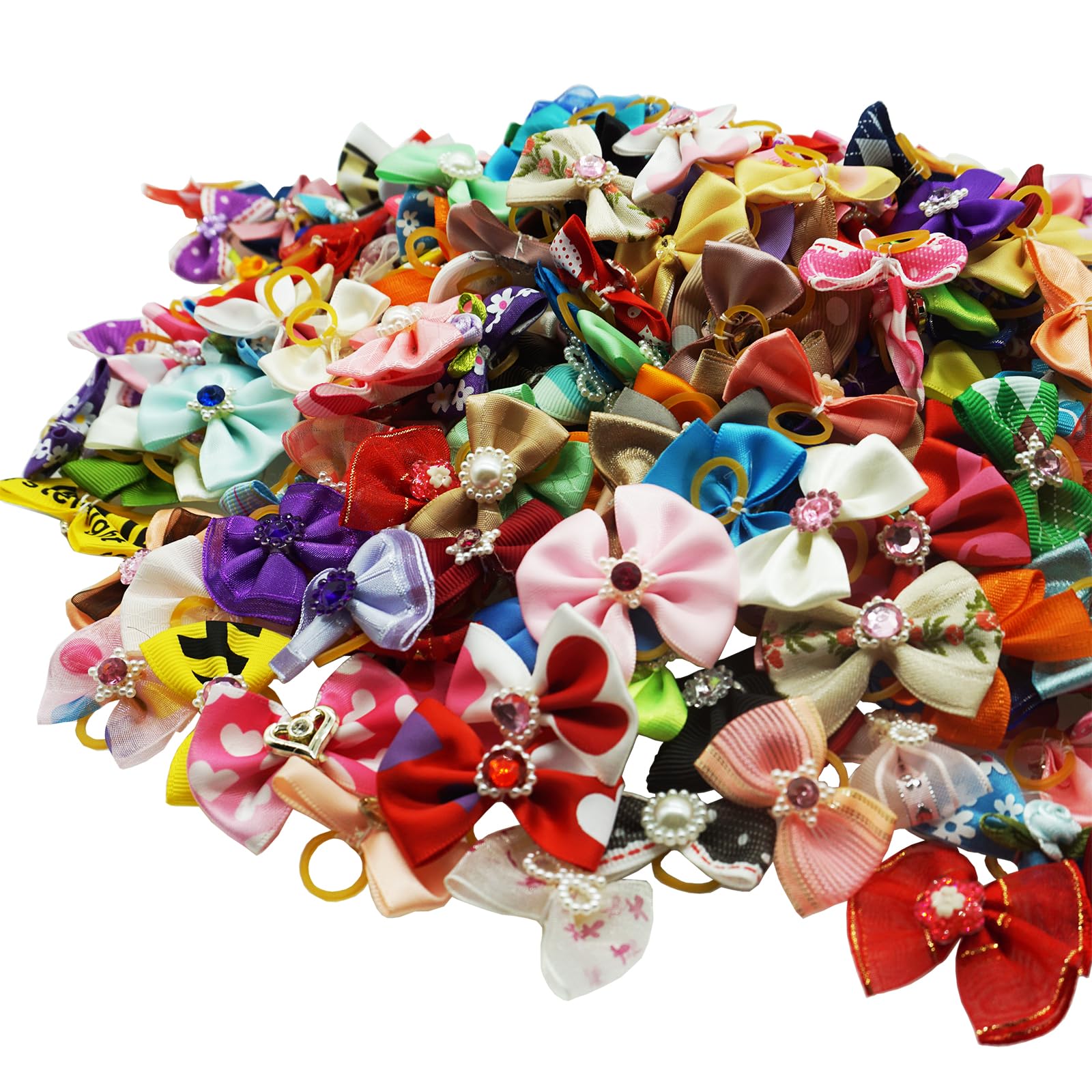 Hixixi 50pcs/pack Pet Cat Dog Hair Bows Multicolor Rhinestone Beads Flowers Topknot With Rubber Bands Puppy Hair Accessories Mix Color Random