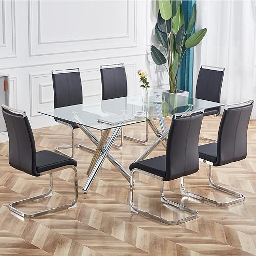 hohoedc Juego de mesa de comedor de cristal de 71 pulgadas para 6, mesa de comedor de cristal con parte superior rectangular de vidrio templado,