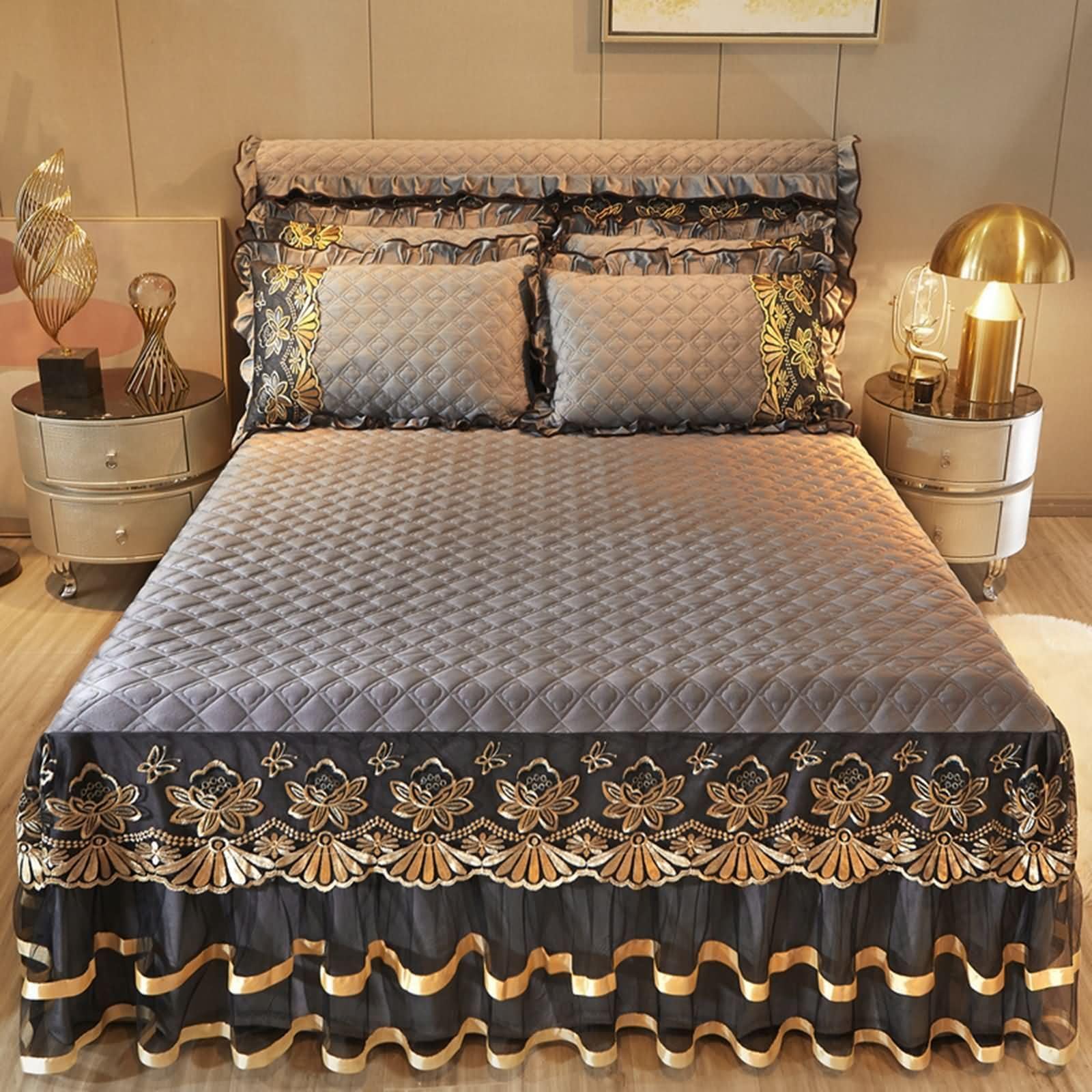 Bed Sheet, 1 Piece Fitted Bedsheet with Bed Skirt Solid Color Rhombus Textured with Embroidered Flowers Butterflies Lace Polyester Sheets Soft Bedding, Silver Grey, 180x220CM
