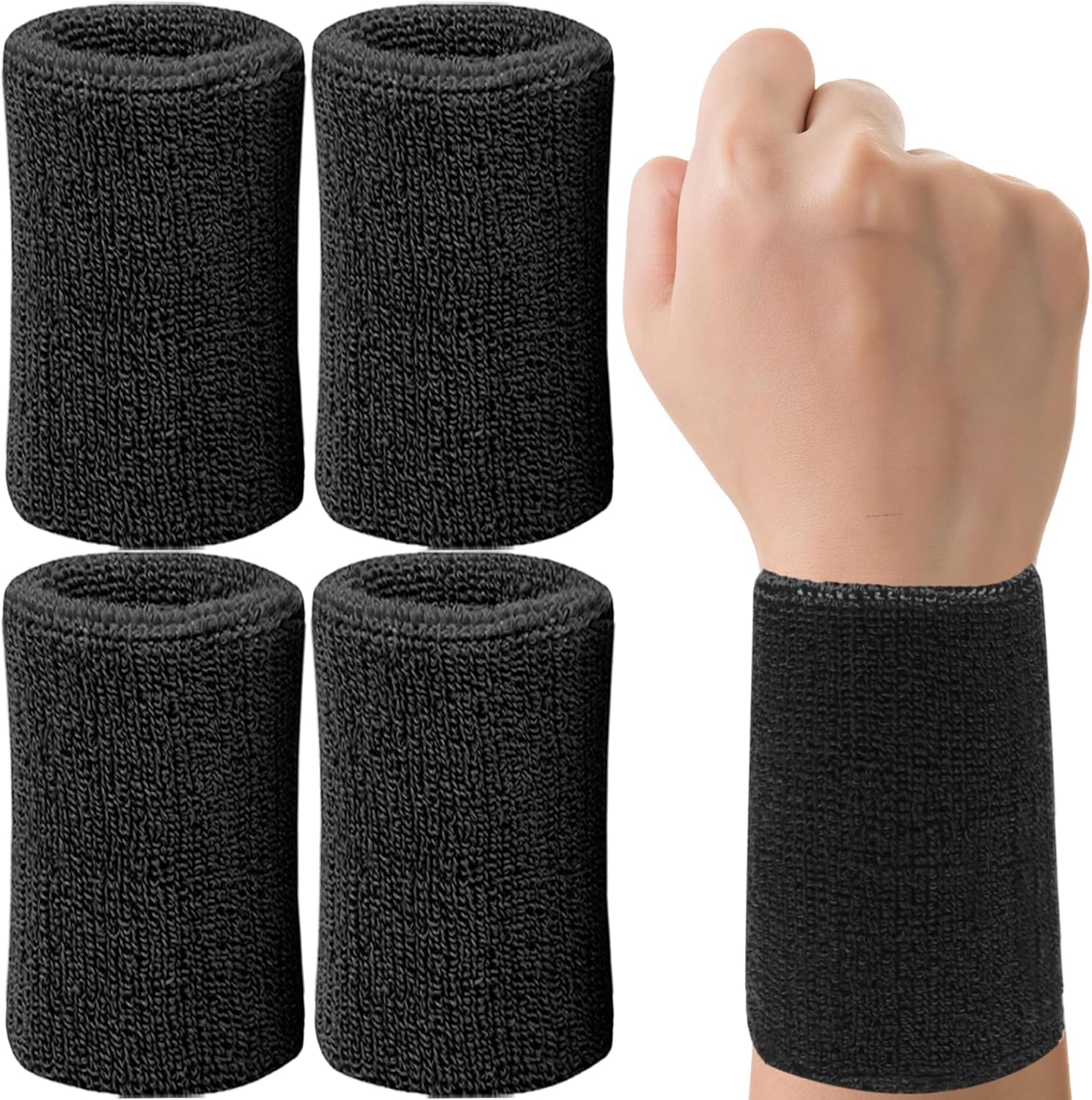 6 Inch Wrist Sweatbands Tennis Wrist Bands Absorbent Sweat Band for Men and Women Sport Long Wrist Bands, Breathable Cotton Athletic Sweatbands for Basketball, Workout, Running (4 Pack)