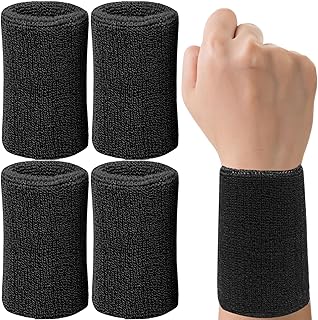 6 Inch Wrist Sweatbands Tennis Wrist Bands Absorbent Sweat Band for Men and Women Sport Long Wrist Bands, Breathable Cotton Athletic Sweatbands for Basketball, Workout, Running (4 Pack)