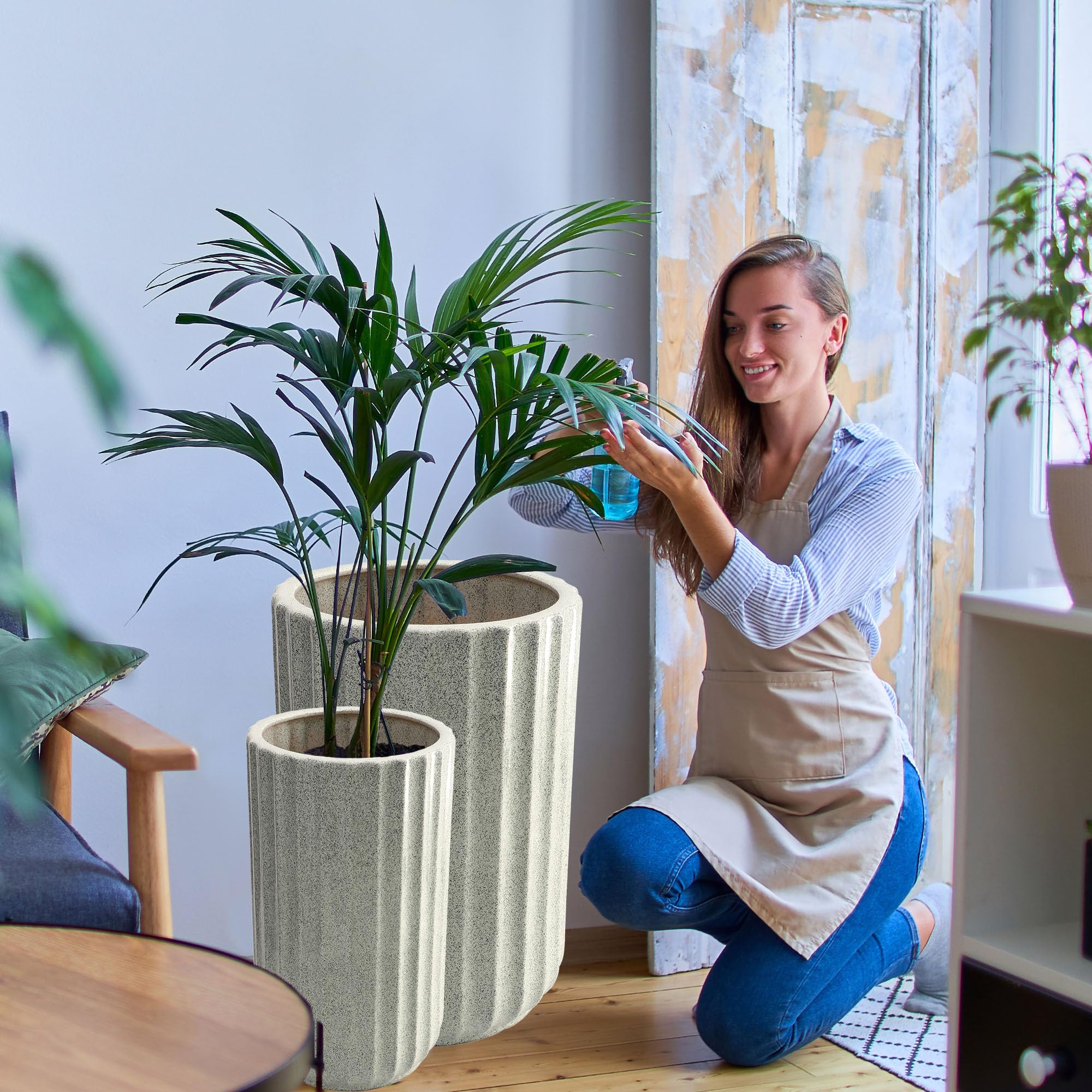 KOTARBAU® Set di 3 vasi da fiori in ceramica, diametro 19 cm, altezza: 41 cm, diametro: 25 cm, altezza: 44 cm, diametro: 31 cm, altezza: 47 cm, verde oliva, fiori in ceramica, per Zimmerp