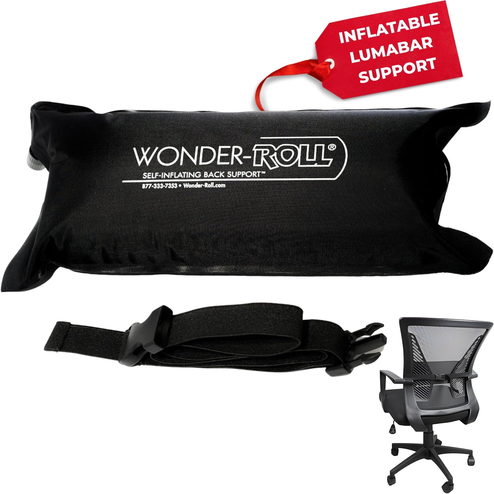 Wonder-Roll Self Inflating Lumbar Roll Pillow for Lower Back Support | Perfect for Office, Car or Plane