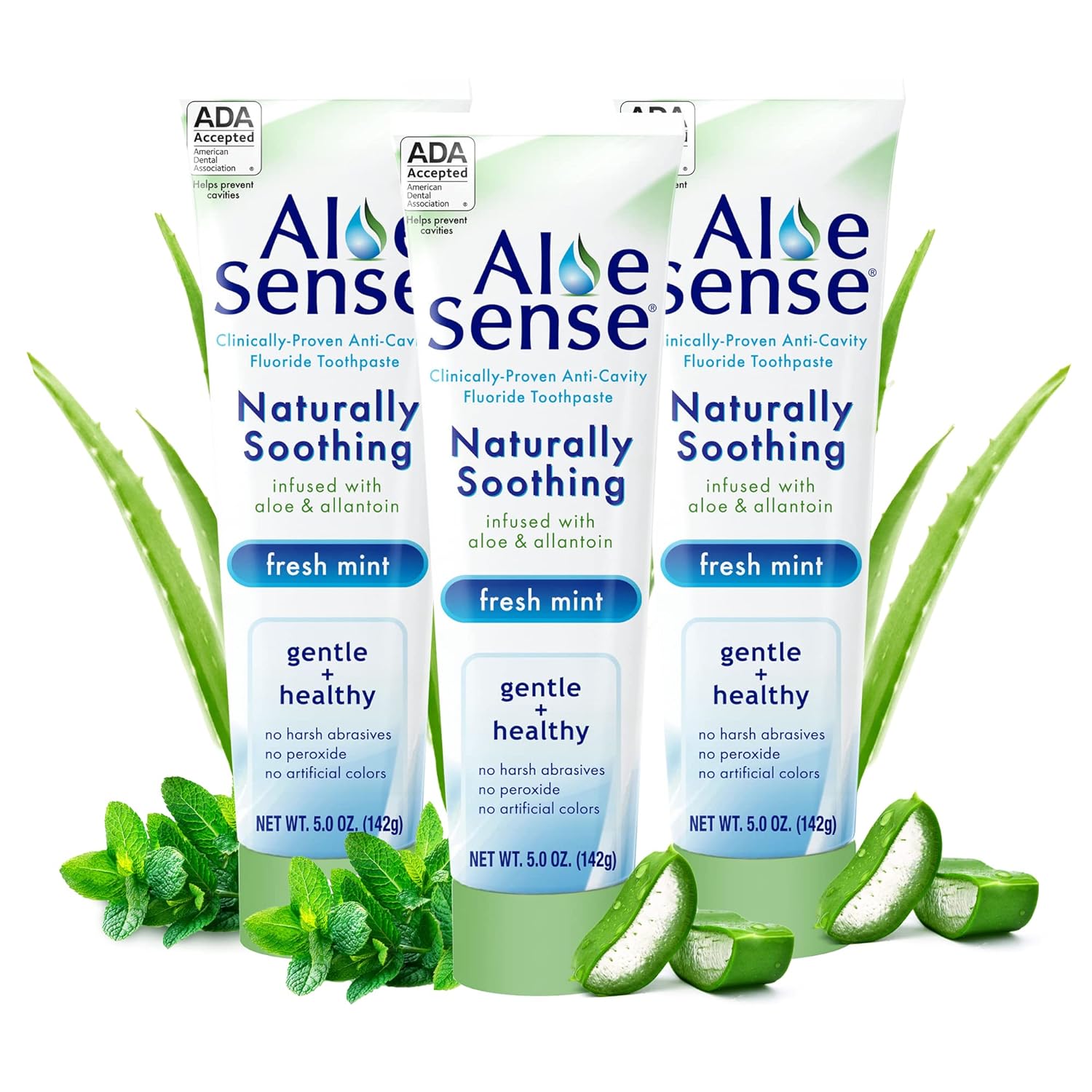 Naturally Soothing Toothpaste for Sensitive Teeth and Gum Care with Aloe Vera, Allantoin & Fresh Mint Flavor, Gentle & Natural, ADA Approved (5-oz, 12 Count)