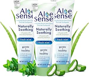 AloeSense Fluoride Toothpaste, Naturally Soothing Toothpaste Sensitive Teeth and Gum Care with Aloe Vera, Allantoin &amp; Fresh Mint Flavor, Gentle &amp; Natural Toothpaste, ADA Approved (5-oz, 3 Count)