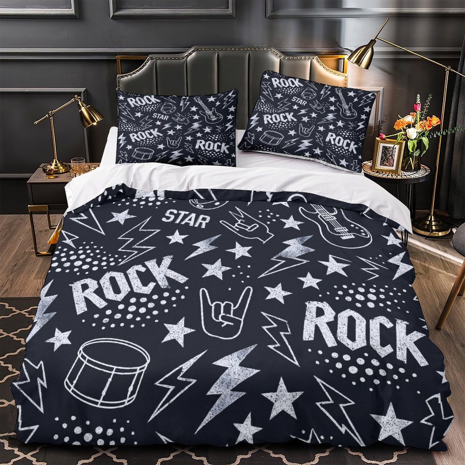 Progettazione di musica rock Impressione 3D 3 pz coperteletto Stile poster rock vintage cover piumone microfibra zip antiacari per bambini adolescenti adulti Super king（260x220cm）