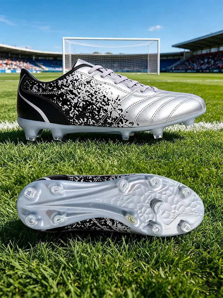 Chuteiras masculinas de futebol de solo firme – Botas de futebol com design salpicado com tachas de tração para brincadeiras ao ar livre, Cinza, 37