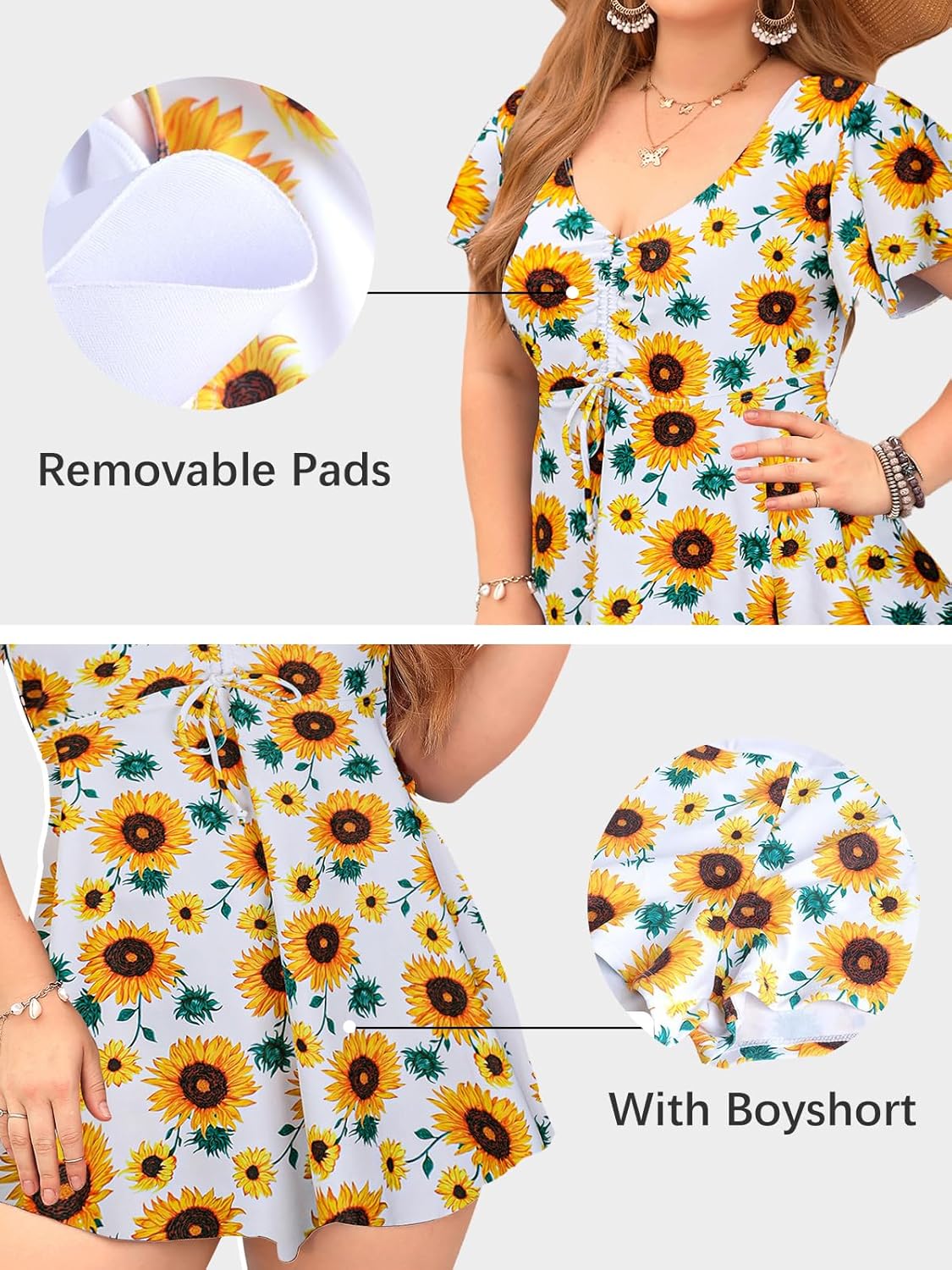 ECUPPER Womens One Piece Swimsuit with Sleeves Plus Size Swim Dress Modest Tummy Control Skirt Bathing Suit Built in Shorts - Image 4