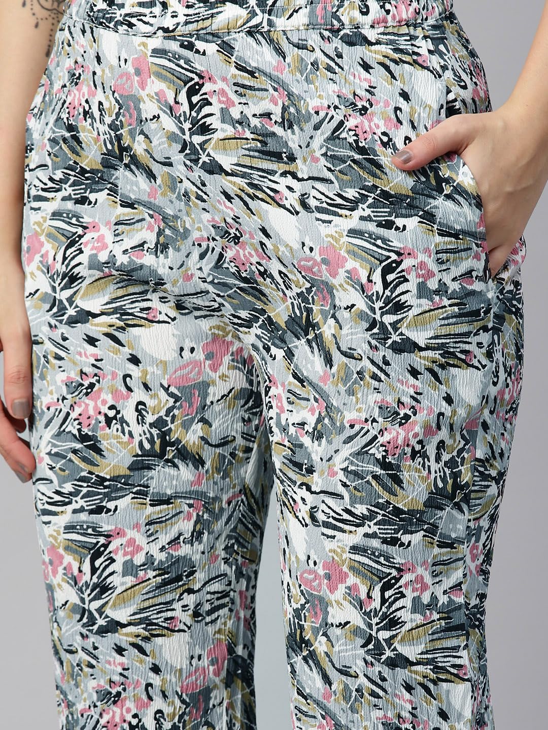 Cottinfab Women Abstract Printed Grey & Pink Drawstring Kaftan Co-ord 1