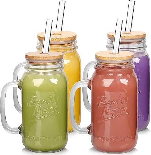 ANOTION Mason Jars - Vaso con asa, tazas de vidrio con tapas y pajitas, vasos para beber, taza de café, vasos para beber, juego de taza de café