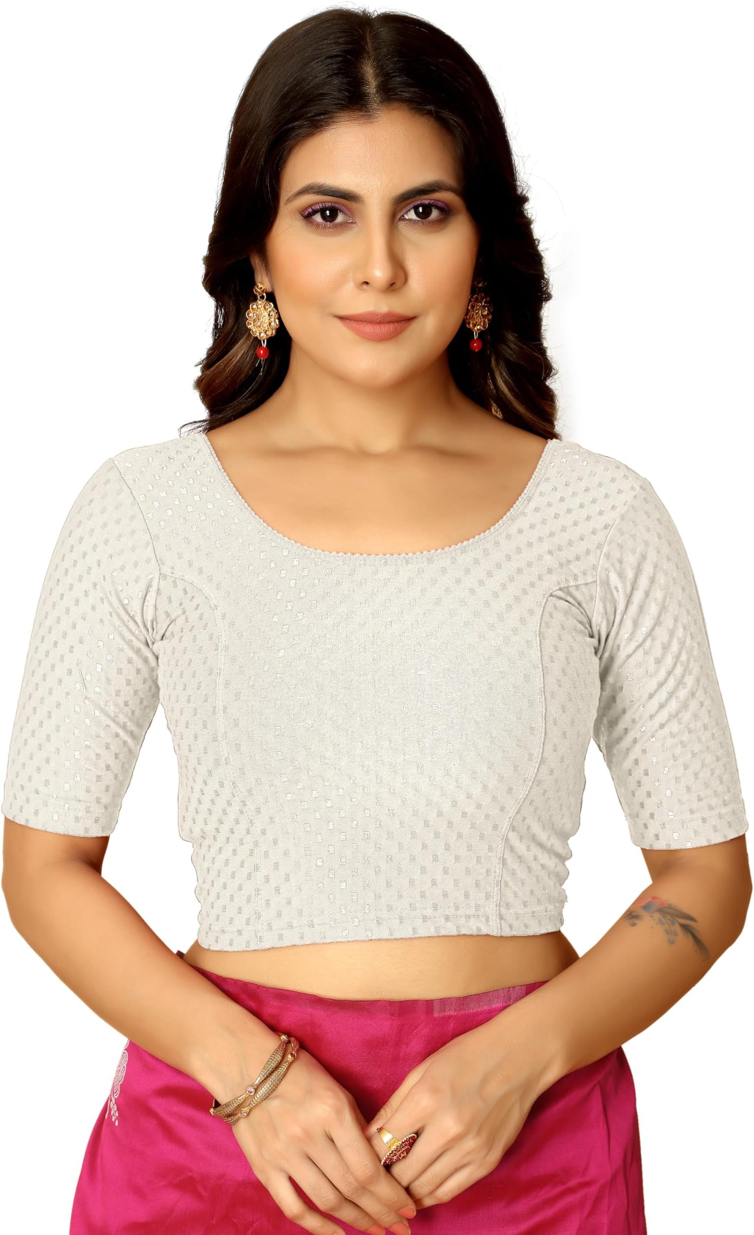 Round Neck Dobby Cotton Lycra Stretchable Elbow Half Sleeve Readymade Saree Blouse for Women Stylish