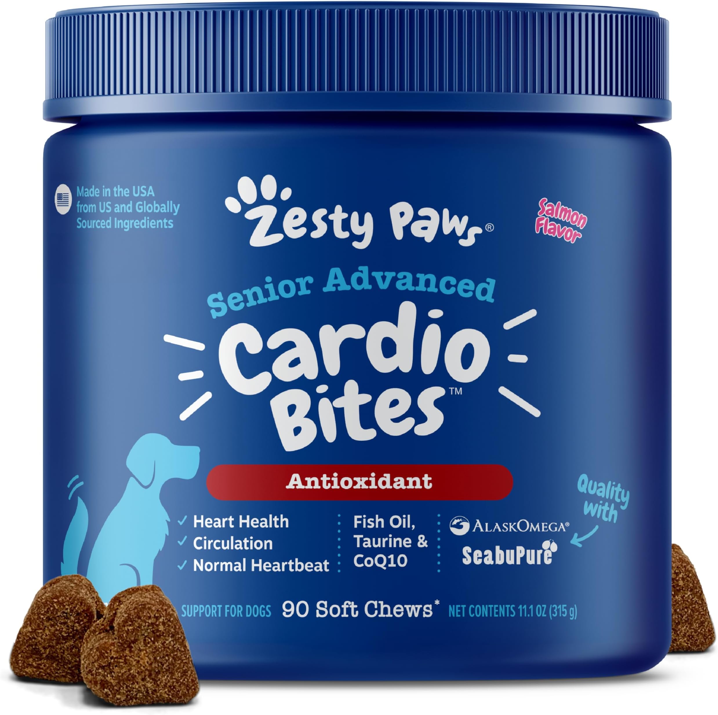 Zesty Paws Cardiovascular Support for Dogs - Taurine for Dogs - with CoQ10, L Carnitine & Sea Buckthorn - Senior Heart Health - AlaskOmega Fish Oil Omega 3 - Senior - Salmon - 90 Count