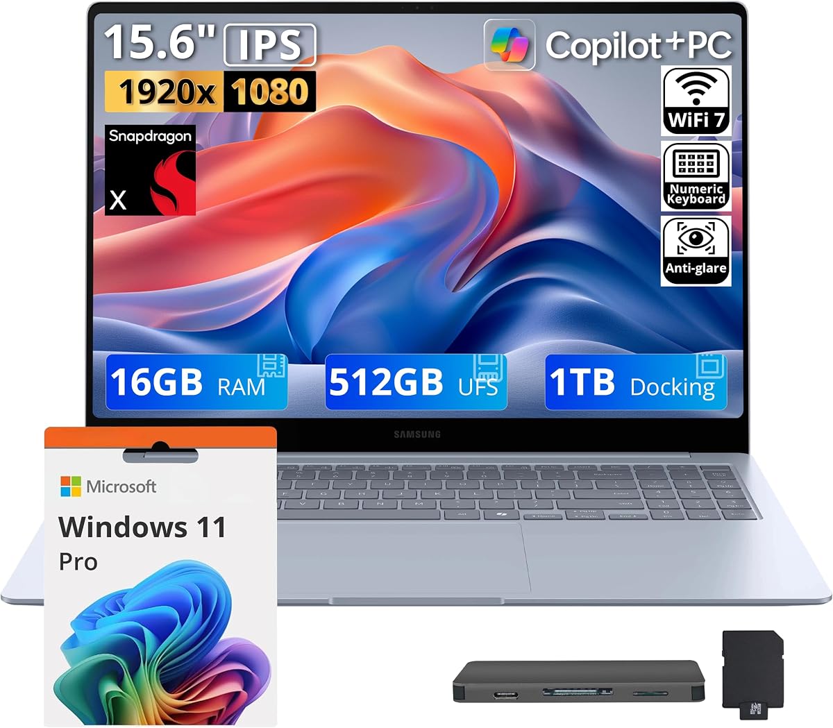 Galaxy Book4 Edge Copilot+ PC 15.6" FHD LED Laptop, Snapdragon X, 16GB RAM, 1.5TB Storage (512GB UFS+1TB Docking Station), Numeric Keypad, Fingerprint, Wi-Fi 7, Windows 11 Pro, Sapphire Blue