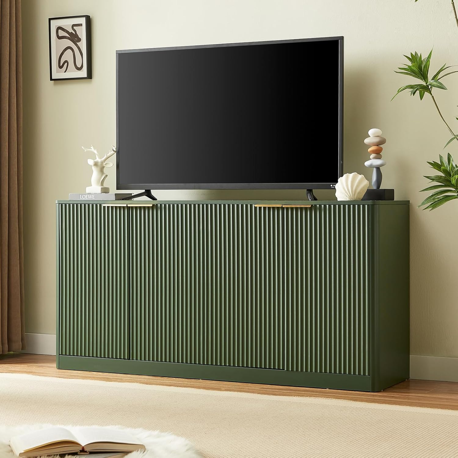 59-inch Modern Wavy Sideboard, Curved Contour Design Storage Cabinet, 4-Door Cabinet with Storage Function, Suitable for Kitchen/Bedroom/Living Room, Green, 59.0" L x 15.7" W x 27.7" H