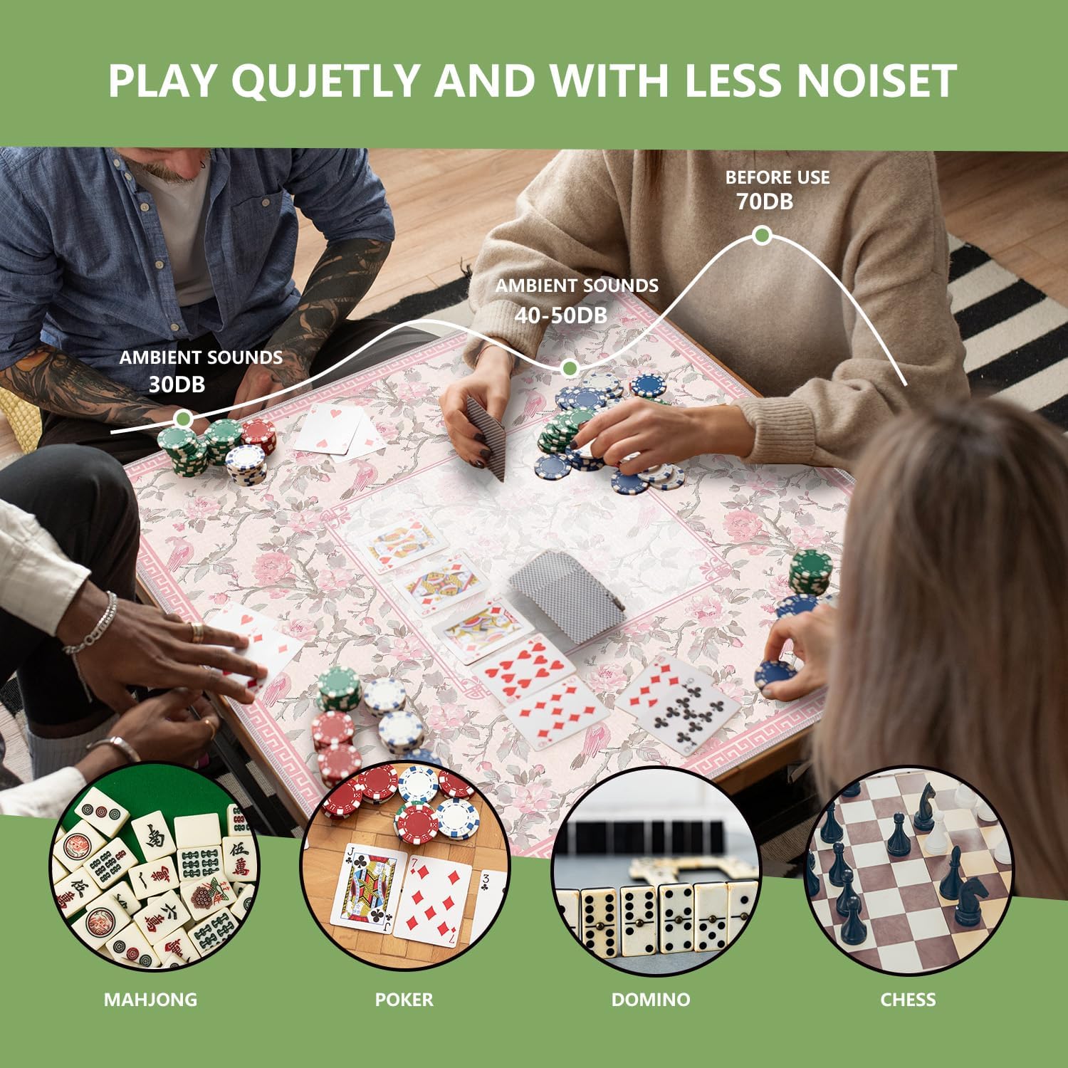 Pink Chinoiserie Floral Mahjong Mat 31.5 x 31.5 in, Grandmillennial Cottagecore Pink Rose Bird Anti Slip and Noise Reduction Game Table Cover for Mahjong Dominoes Card Board Tile Games
