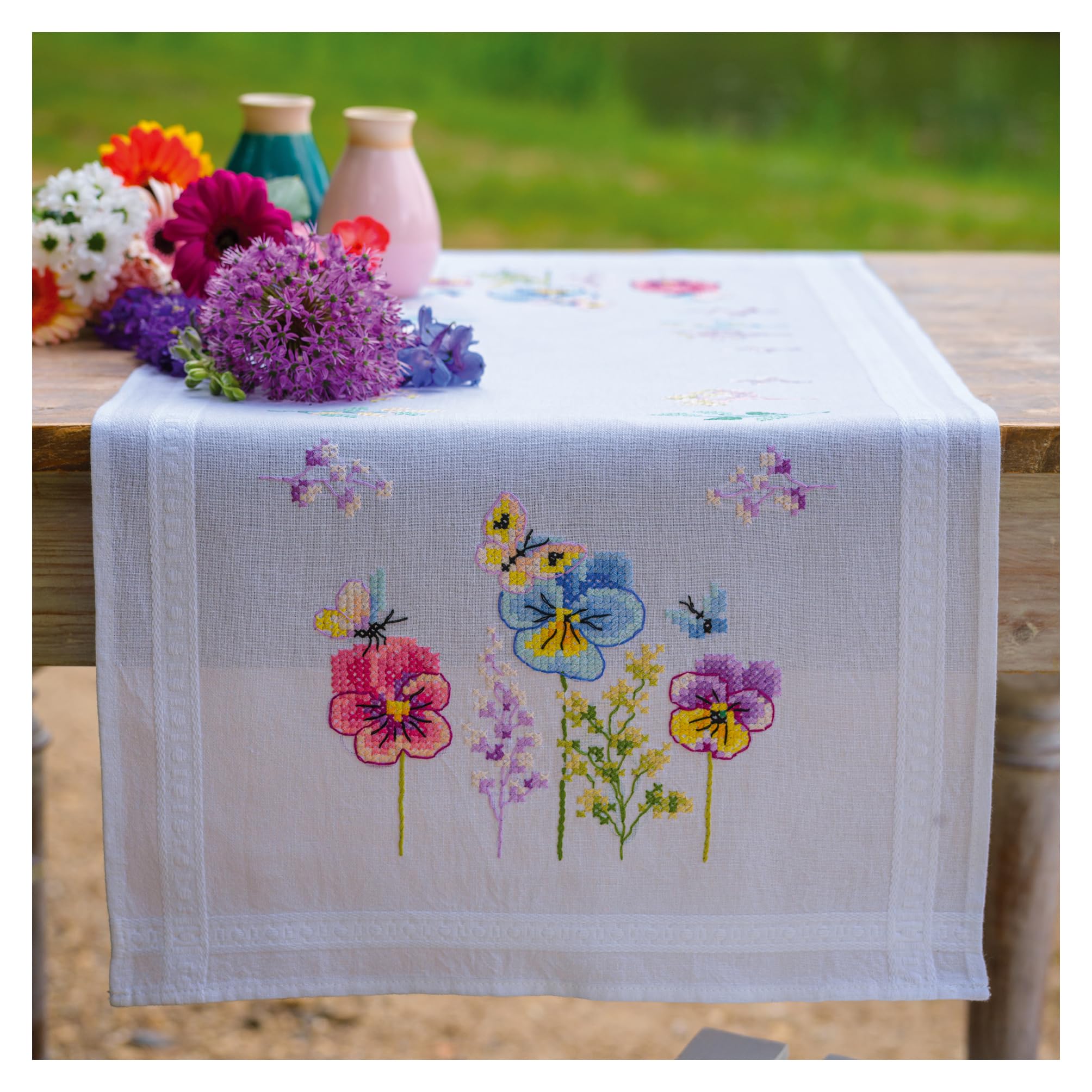 Vervaco Cross Stitch Kit Pre-Printed Centerpiece Pansy Table Linen Set DIY Creative Approx. 40 x 100 cm Hobby Kit Creative Adults Home Decor Cross Stitch Runner