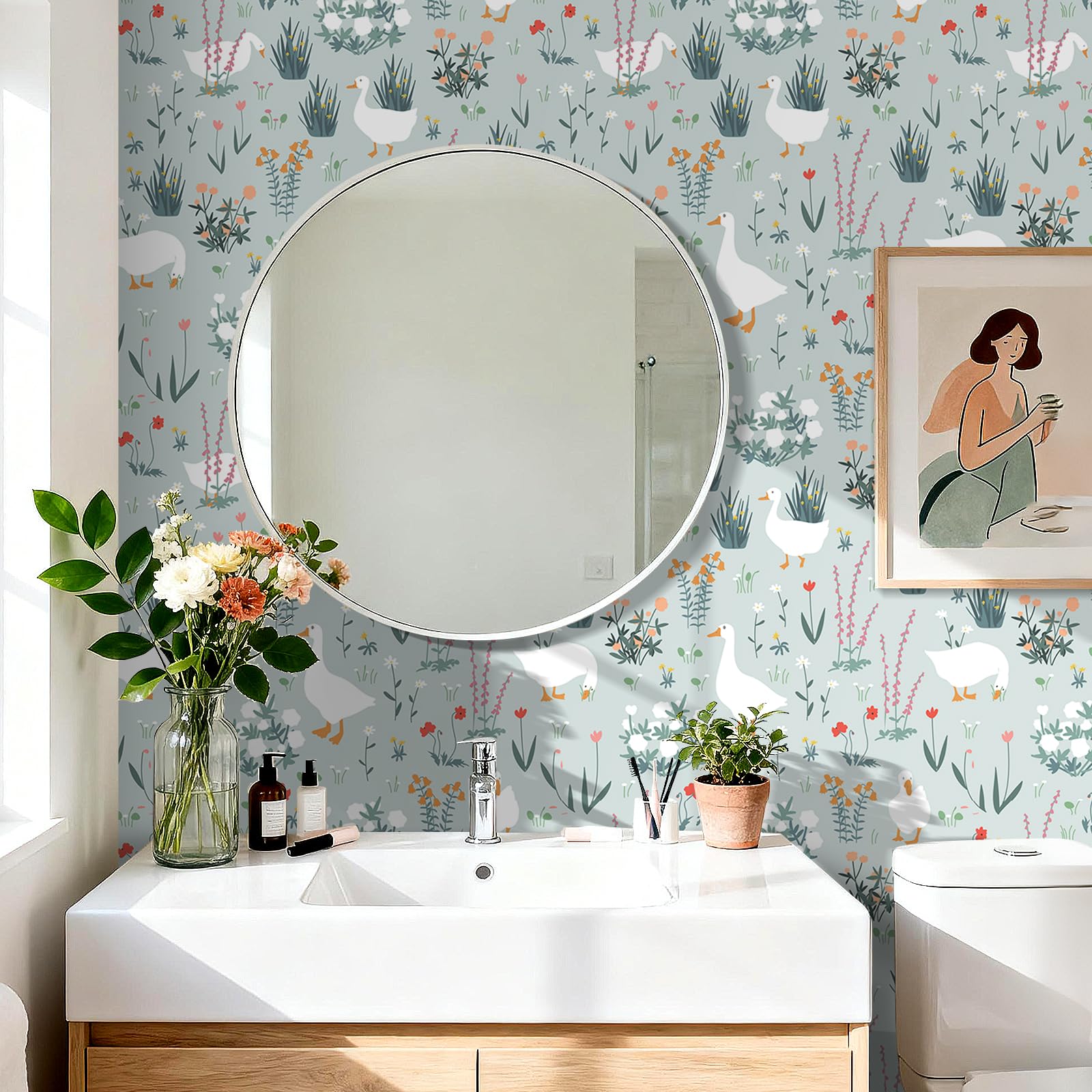 FunStick 44.5CMx9M Papel Pintado Autoadhesivo Botanico Vinilo Adhesivo Flores Pequeñas Verde Azul Revestimiento Pared Gansos Blancos en Los Prados Papel Adhesivo para Habitación Baño Verde Pálido Azul