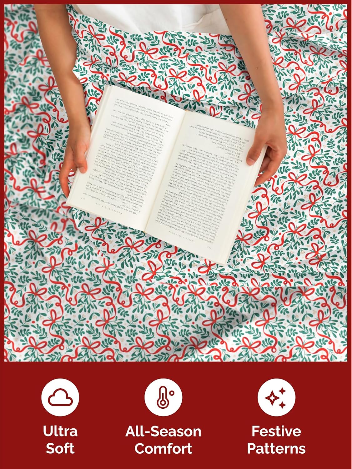 Queen Christmas Ribbon Sheet Set - Holiday Xmas Pattern Bedding Set - Deep Pockets - Snug Fit - 4 Piece - Wrinkle Free & Easy Care - Comfy Festive Winter - Holiday Sheets for Women, Men, Kids & Teens